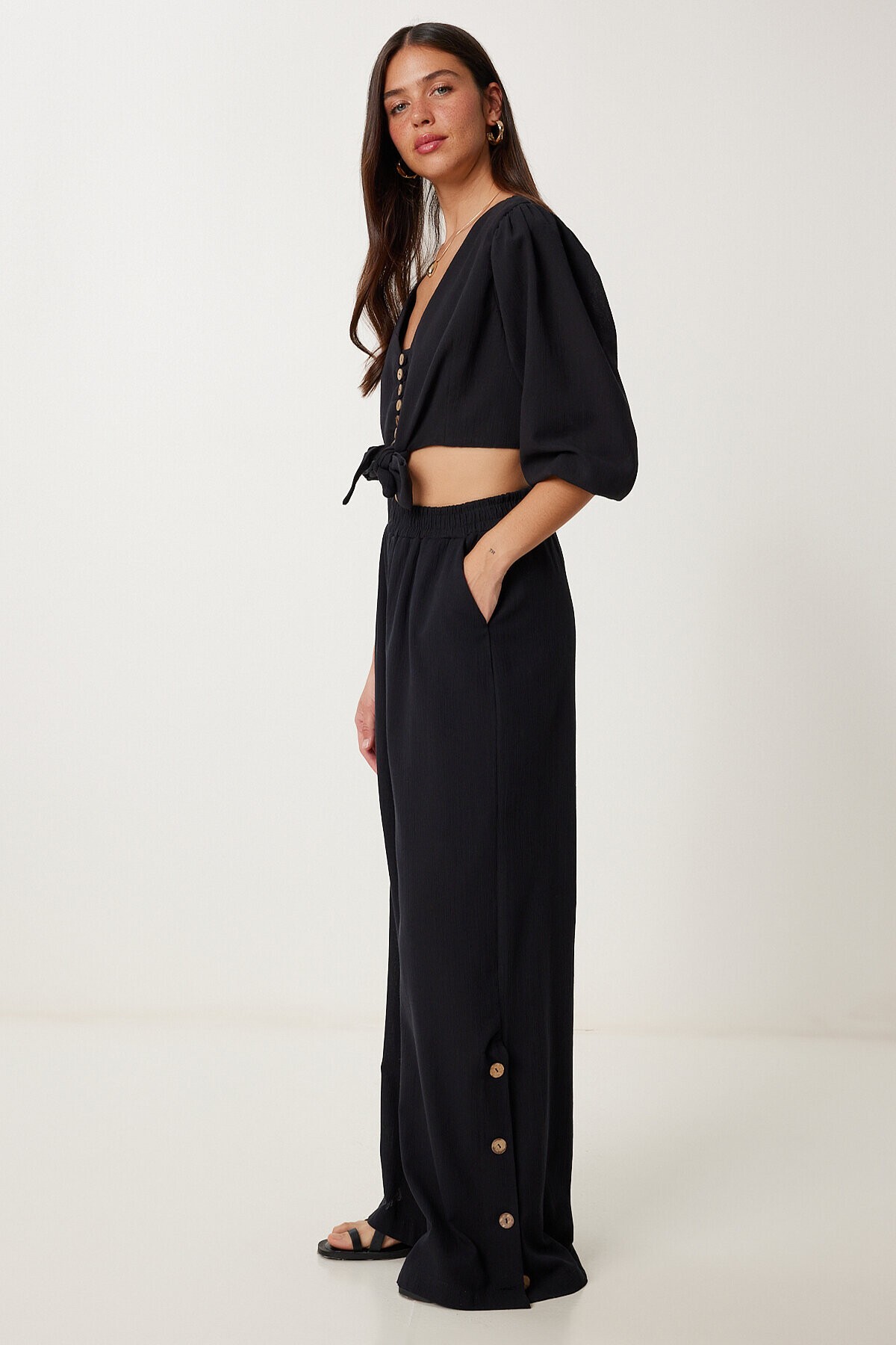 Keten Crop Bluz Pantolon Takım SİYAH LRV0107