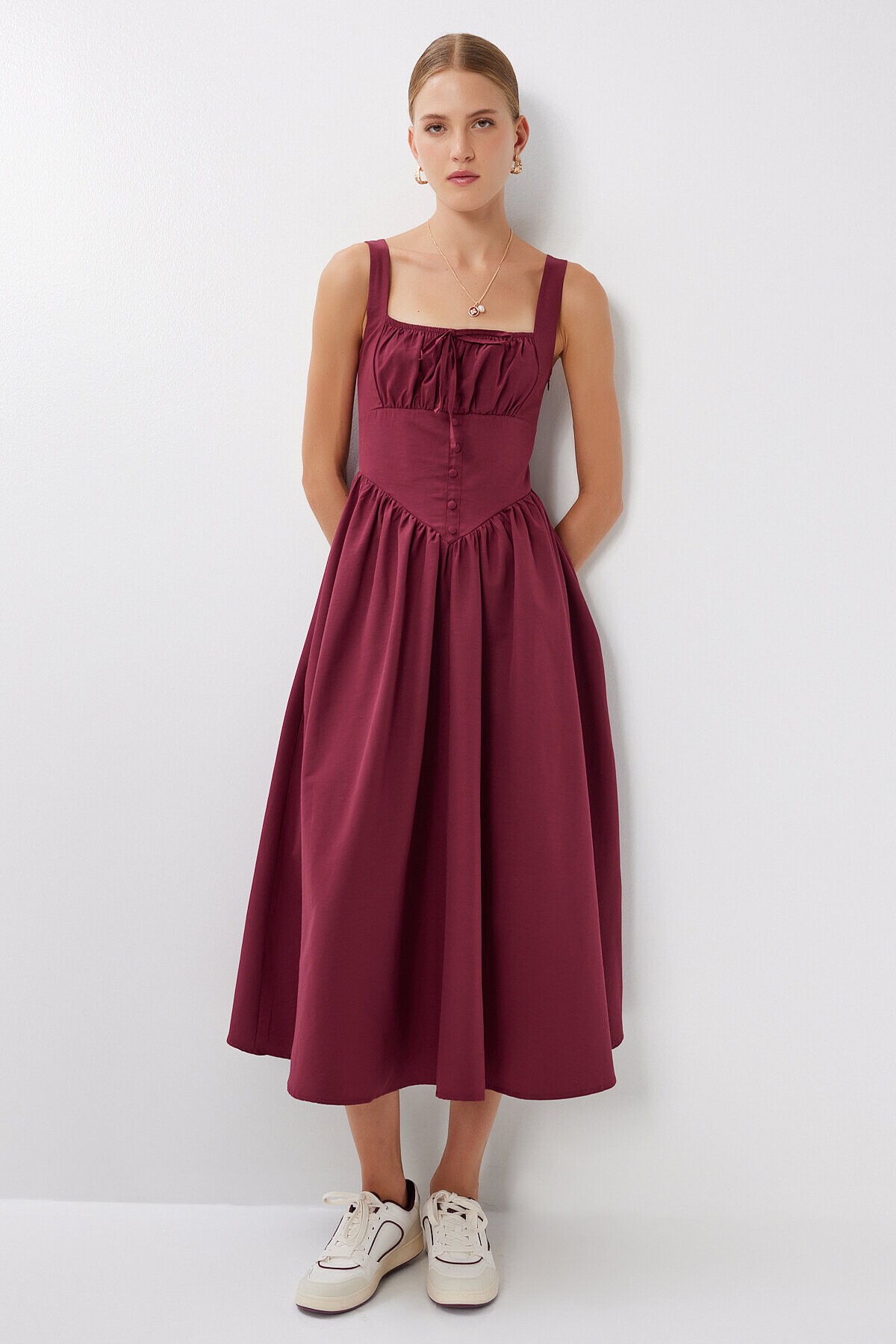 Korse Görünümlü Poplin Midi Elbise BORDO LUB0224