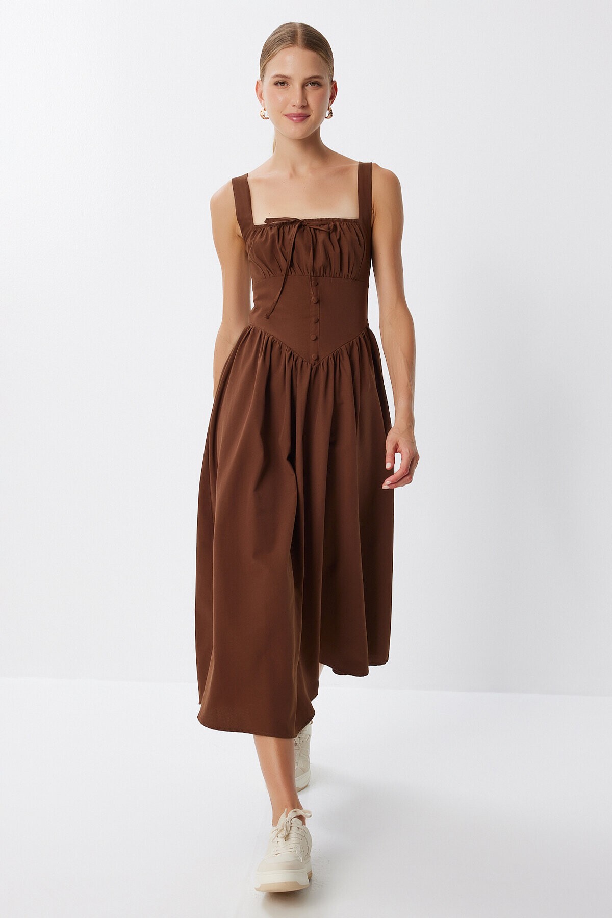 Korse Görünümlü Poplin Midi Elbise KAHVERENGİ LUB0224