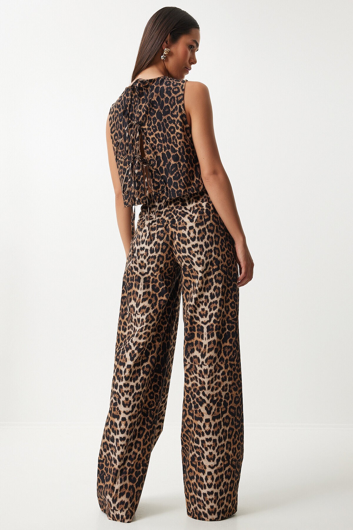 Leopar Desenli Fiyonklu Bluz Pantolon Takım SİYAH BEJ LUL0003