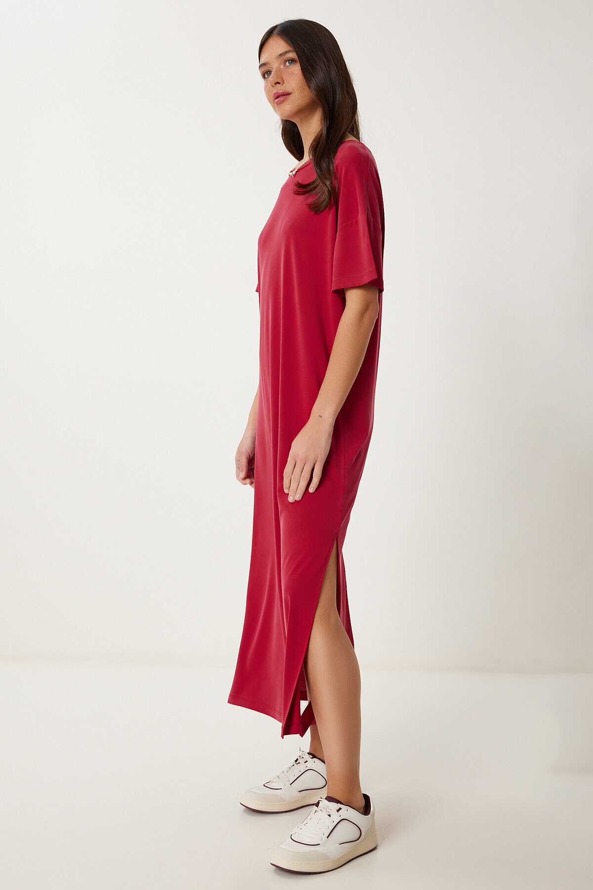 Oversize Basic Yazlık Örme Elbise BORDO LUB0082
