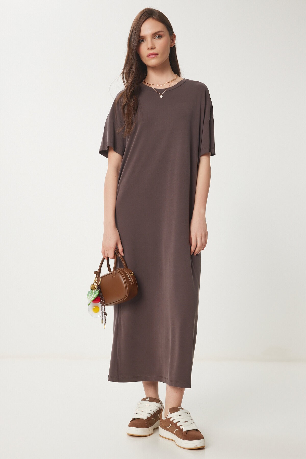 Oversize Basic Yazlık Örme Elbise KAHVERENGİ LUB0082