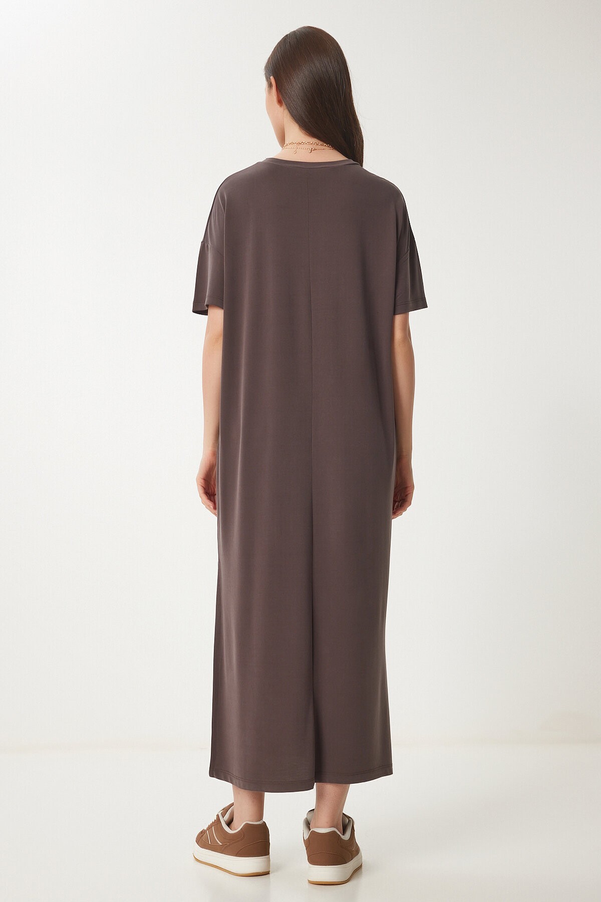 Oversize Basic Yazlık Örme Elbise KAHVERENGİ LUB0082