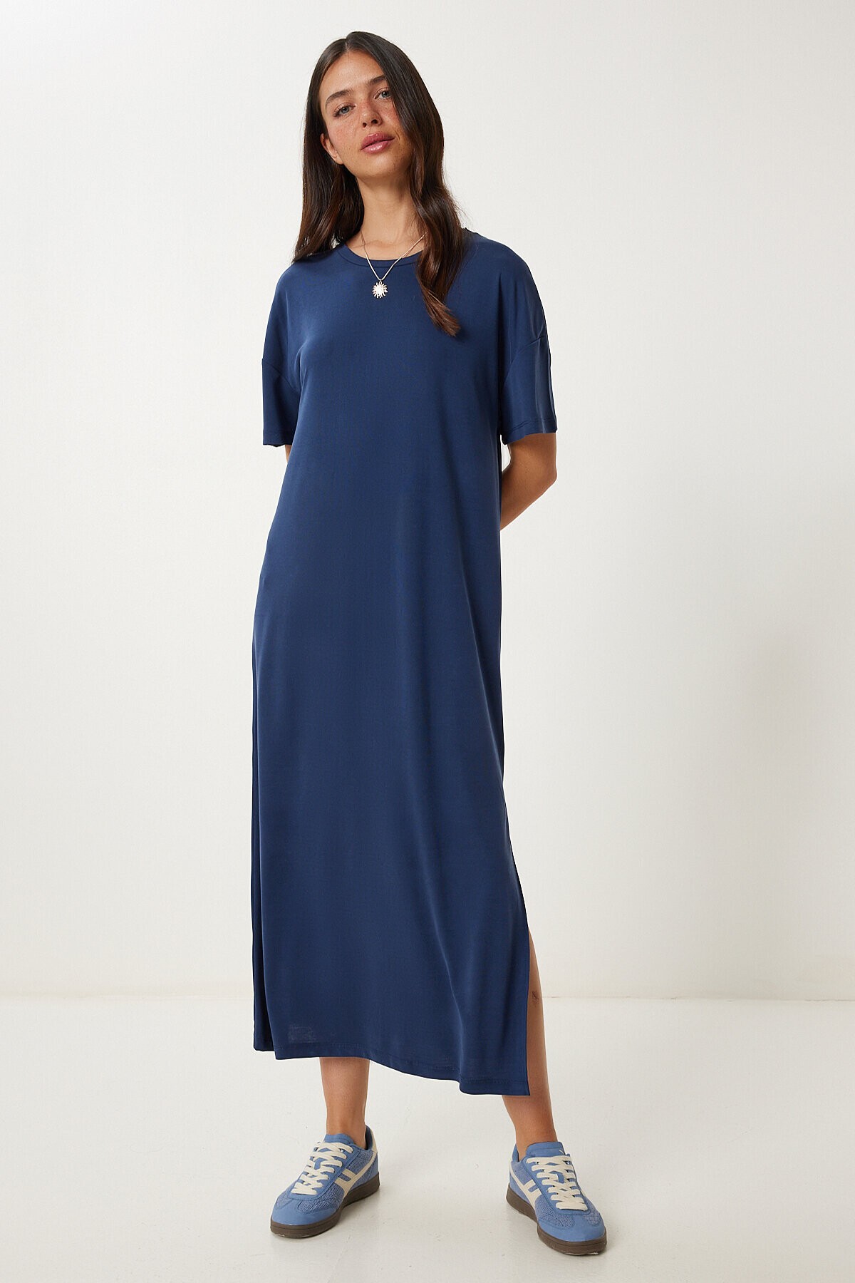 Oversize Basic Yazlık Örme Elbise LACİVERT LUB0082