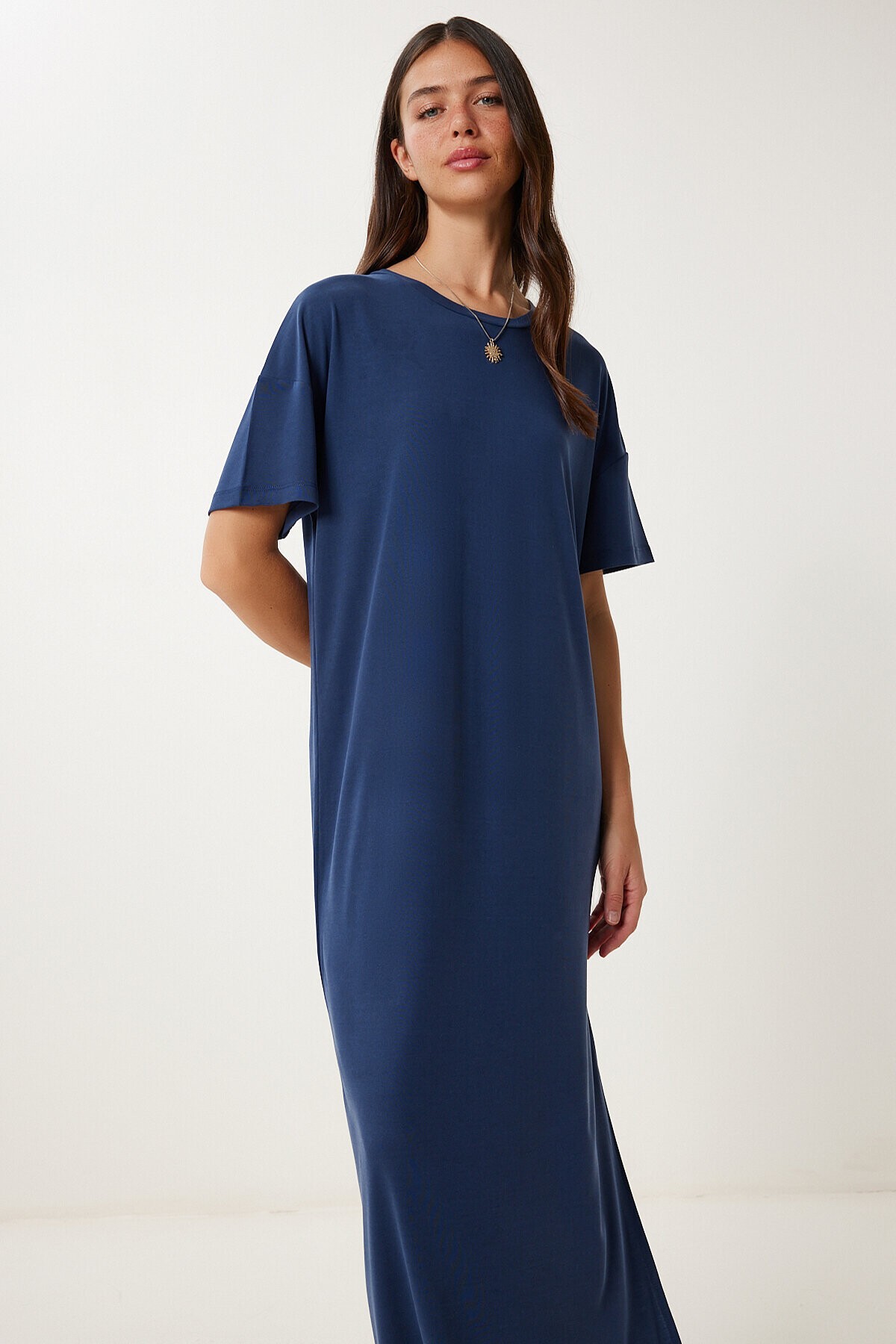 Oversize Basic Yazlık Örme Elbise LACİVERT LUB0082