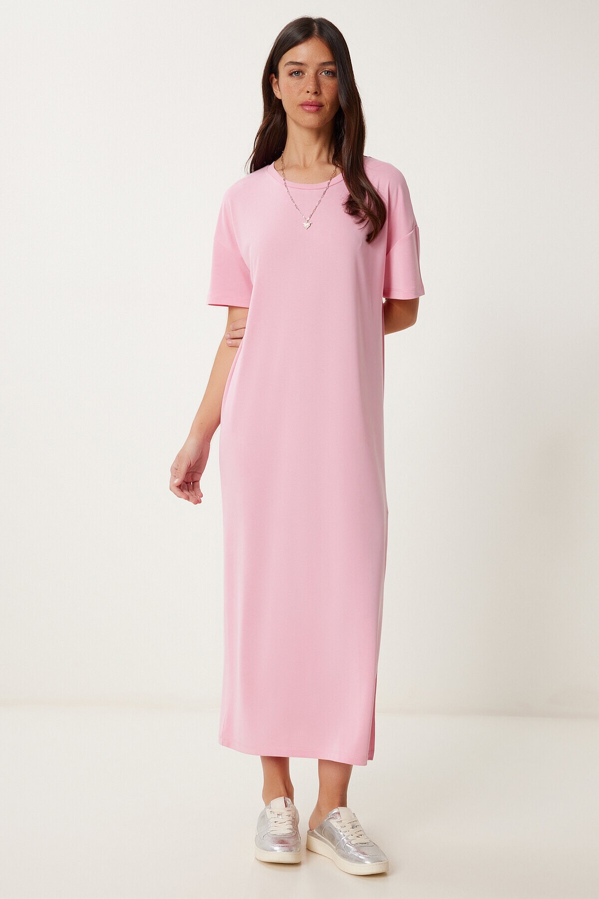 Oversize Basic Yazlık Örme Elbise PEMBE LUB0082