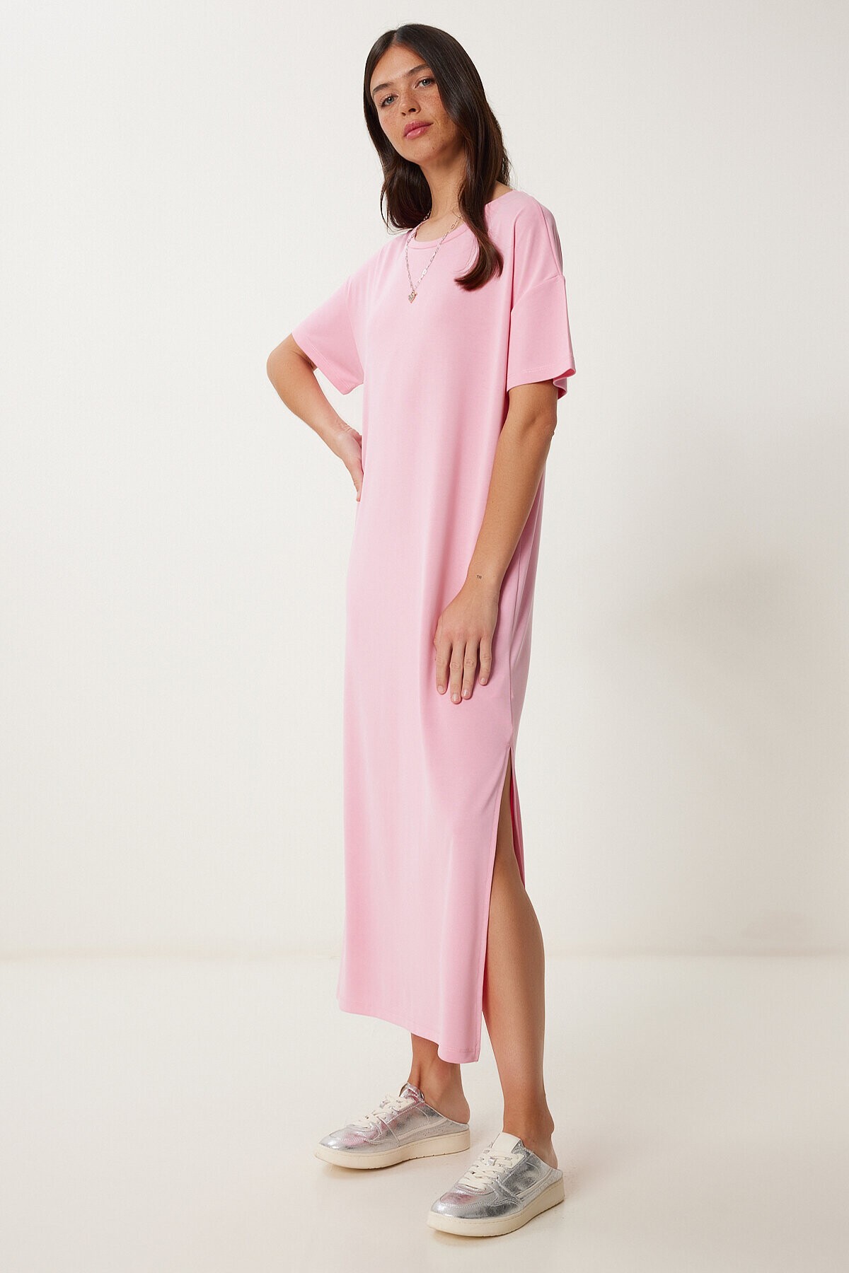 Oversize Basic Yazlık Örme Elbise PEMBE LUB0082