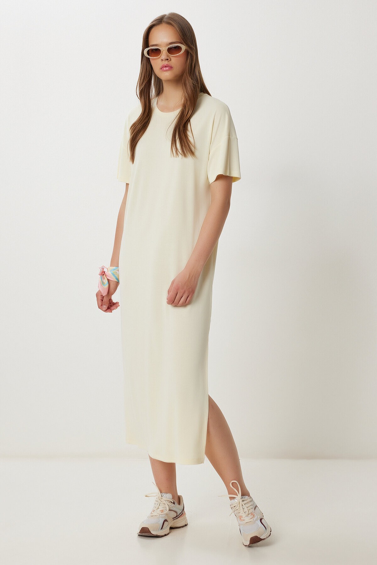 Oversize Basic Yazlık Örme Elbise SARI LUB0082