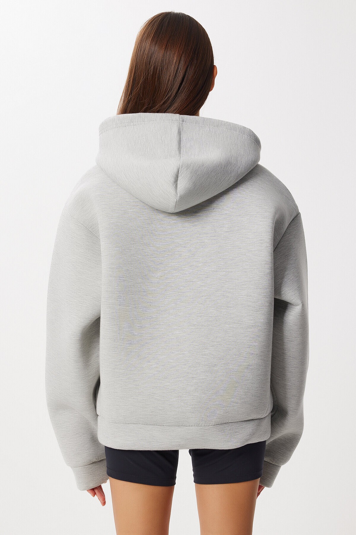 Oversize Kapüşonlu Baskılı Scuba Sweatshirt GRİ MELANJ LUB0291