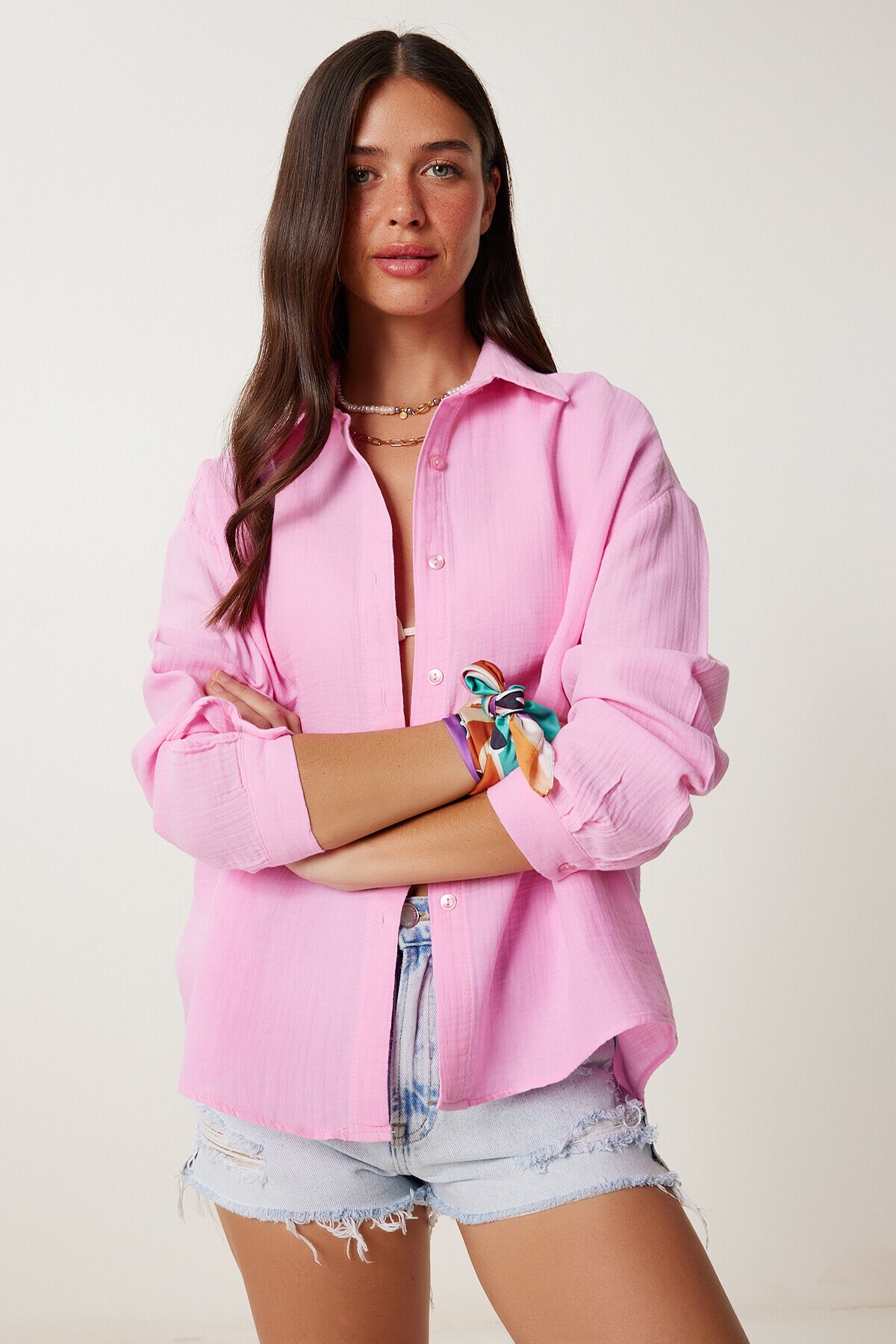 Oversize Müslin Gömlek PEMBE LRG0027
