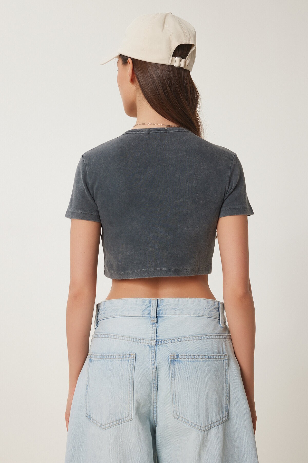 Soluk Efektli Crop Örme T-shirt ANTRASİT LUS0112