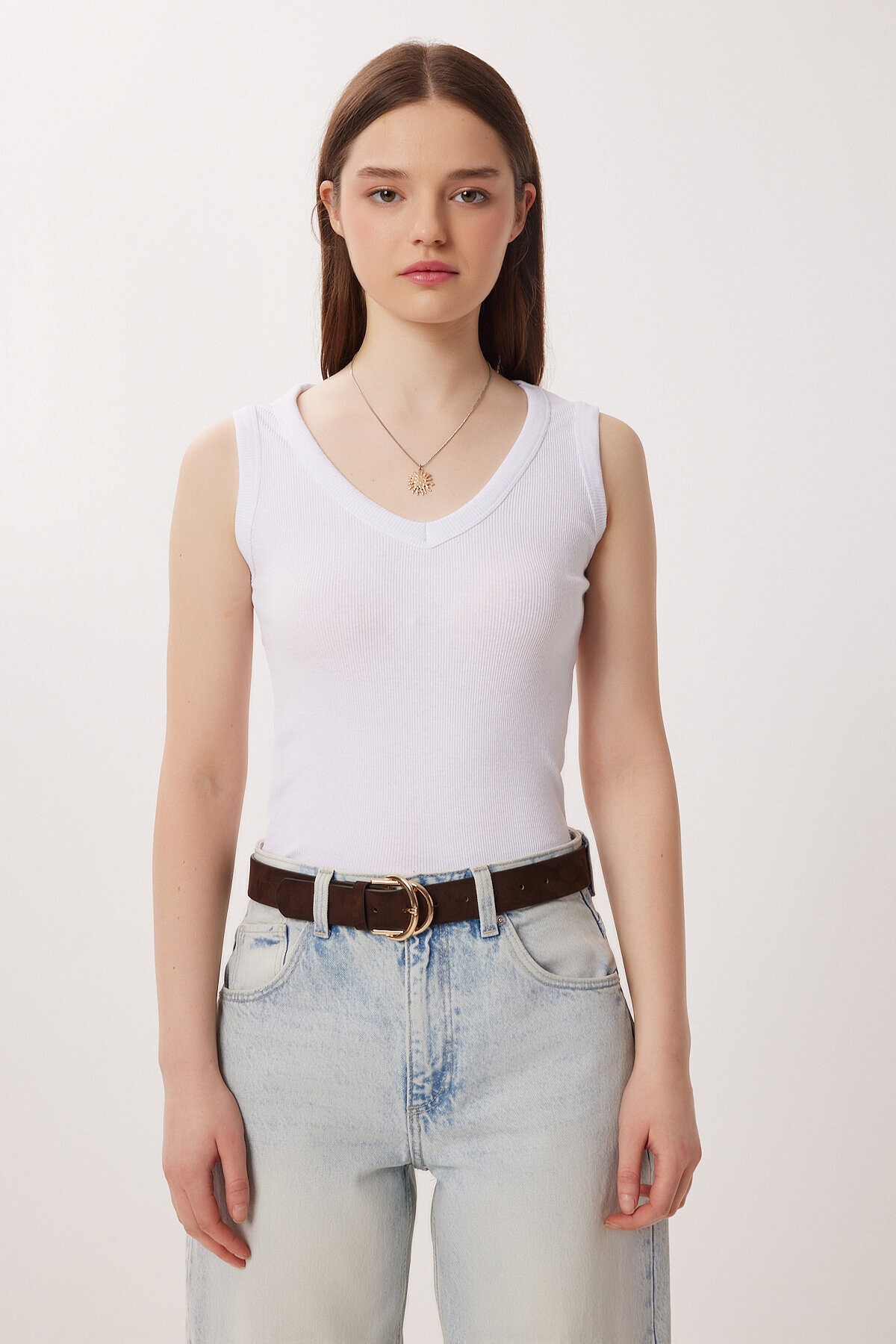 V Yaka Basic Fitilli Örme Bluz BEYAZ LRN0029