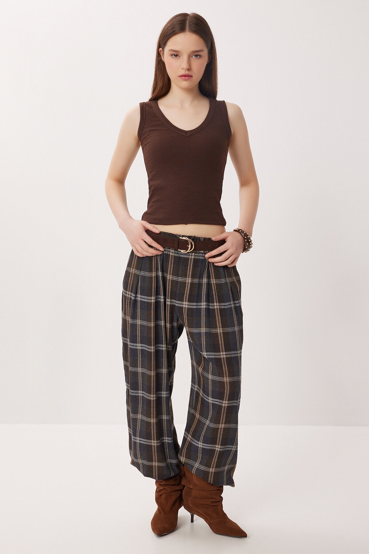 V Yaka Basic Fitilli Örme Bluz KAHVERENGİ LRN0029