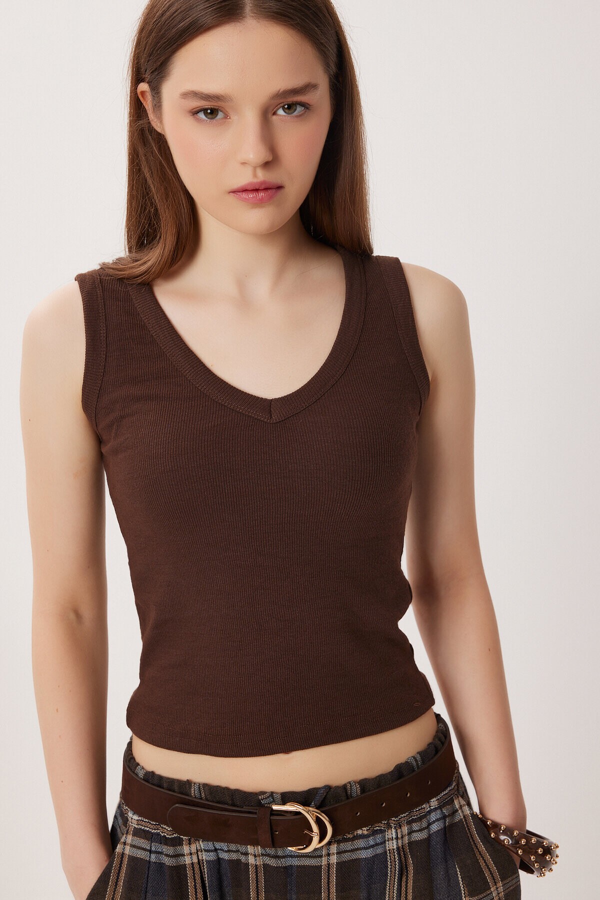 V Yaka Basic Fitilli Örme Bluz KAHVERENGİ LRN0029