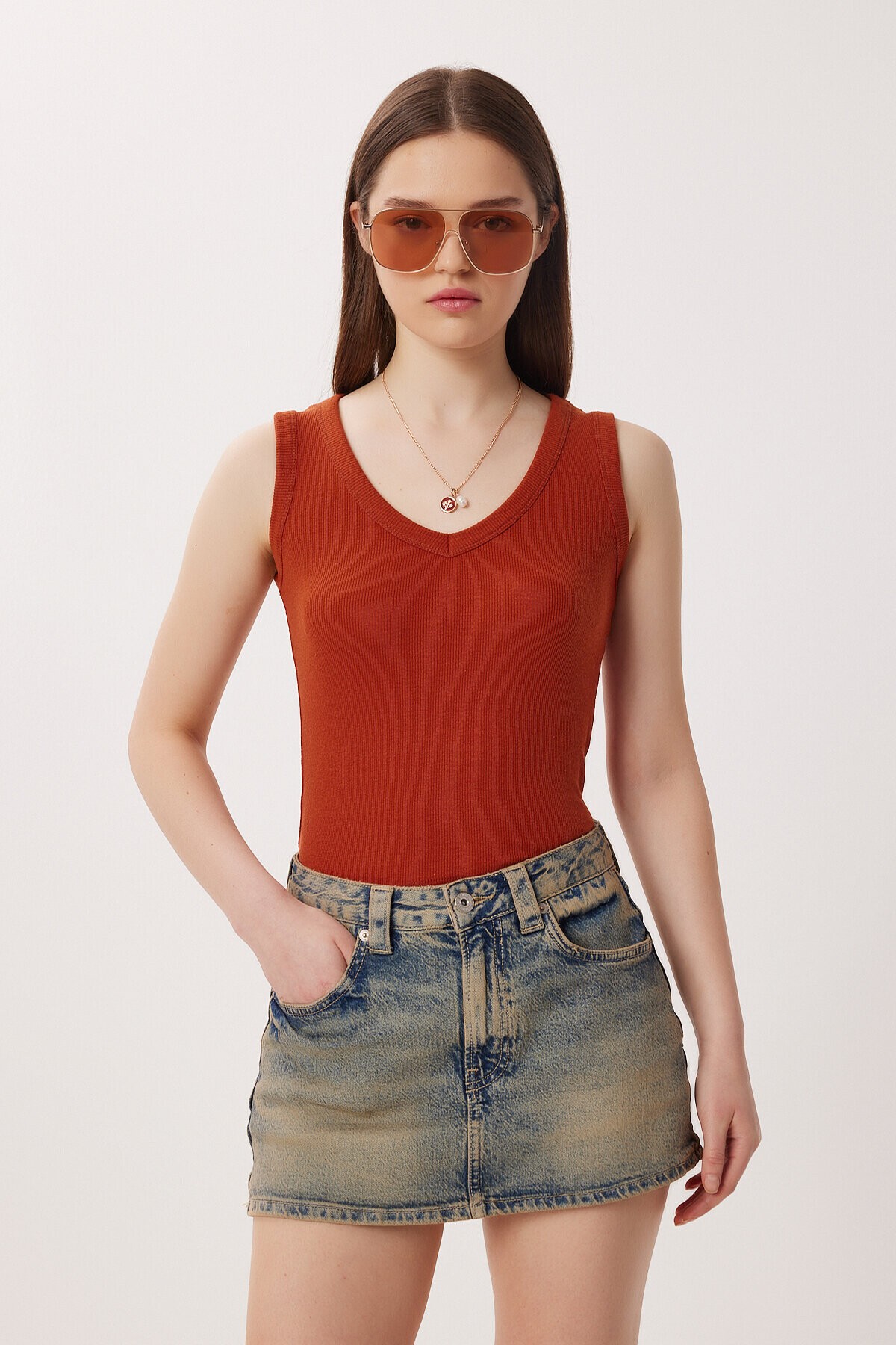 V Yaka Basic Fitilli Örme Bluz KİREMİT LRN0029