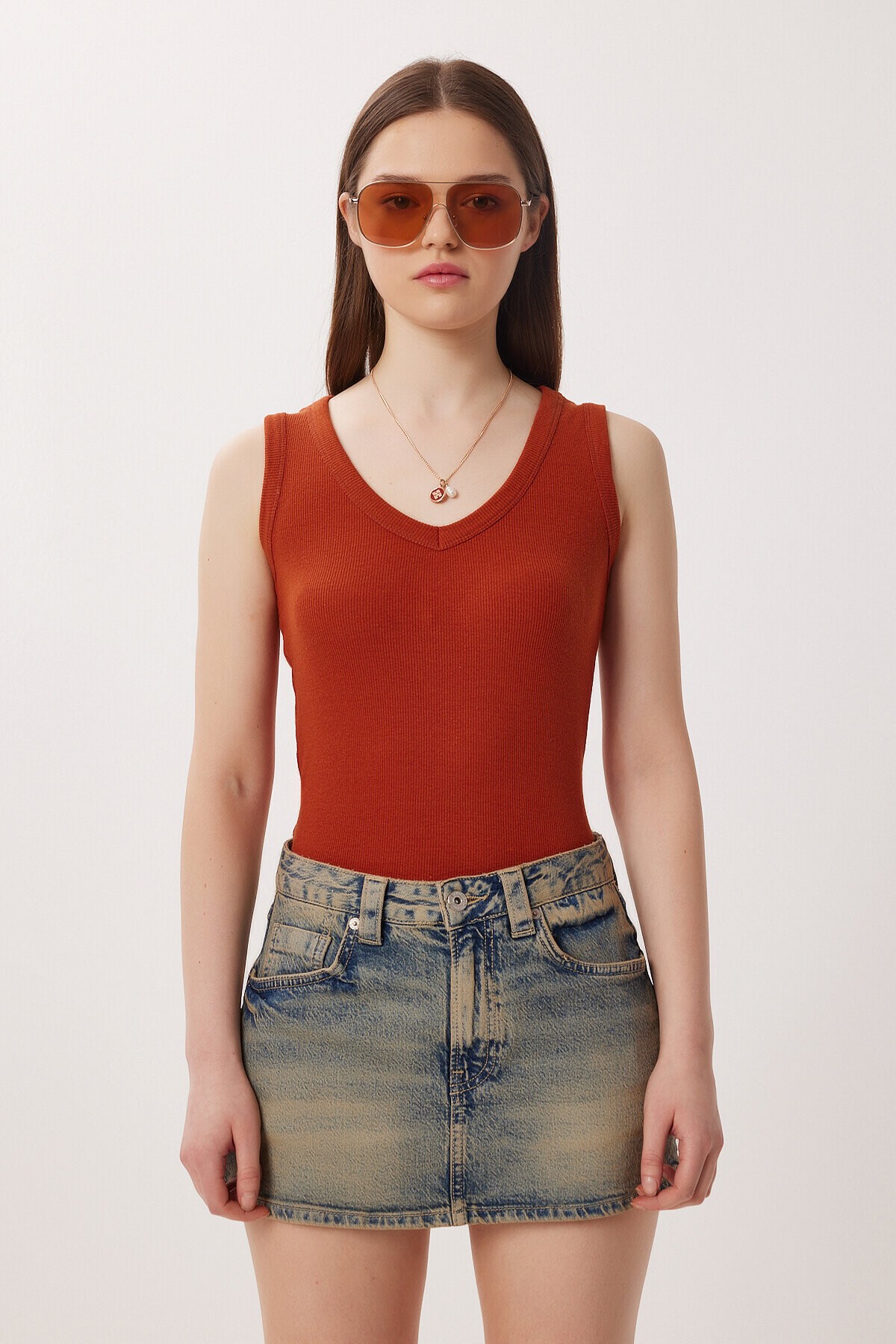 V Yaka Basic Fitilli Örme Bluz KİREMİT LRN0029