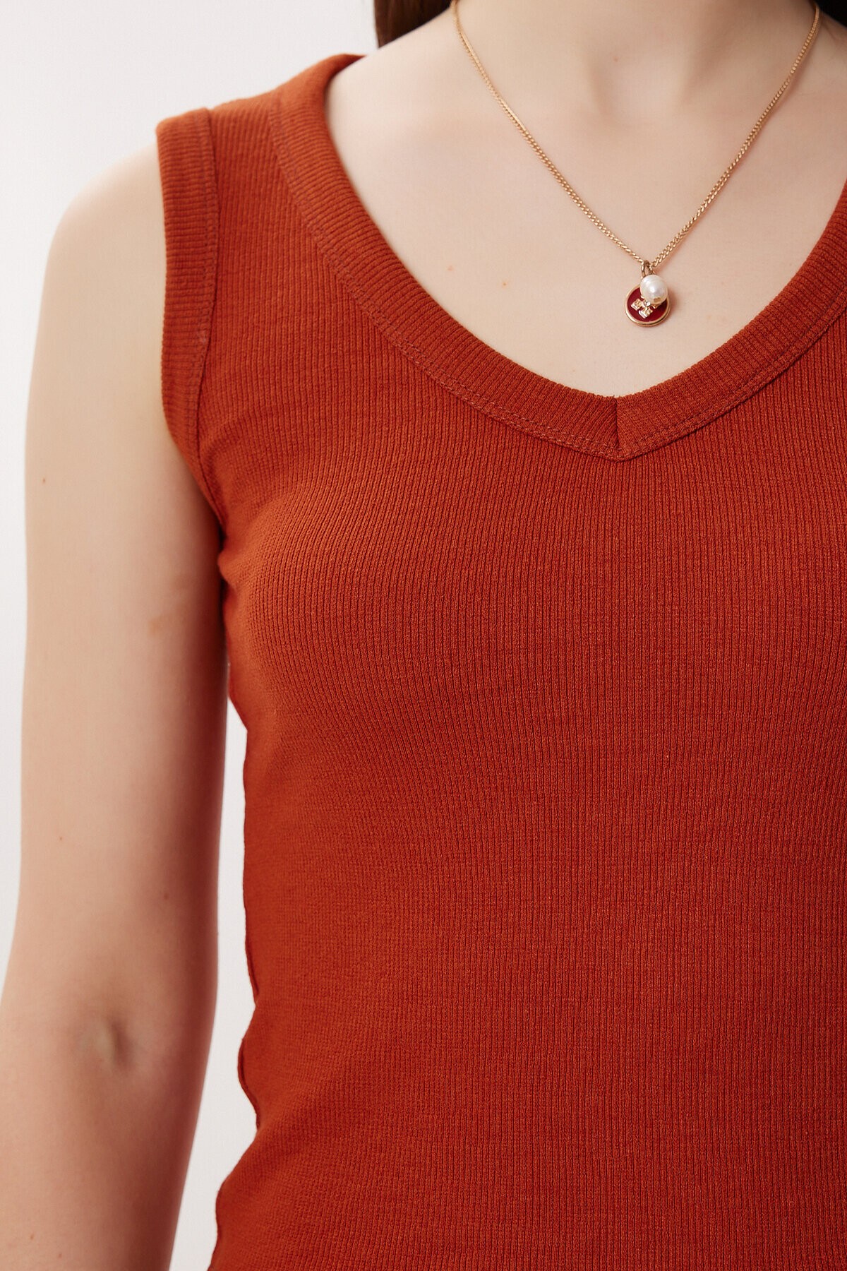 V Yaka Basic Fitilli Örme Bluz KİREMİT LRN0029