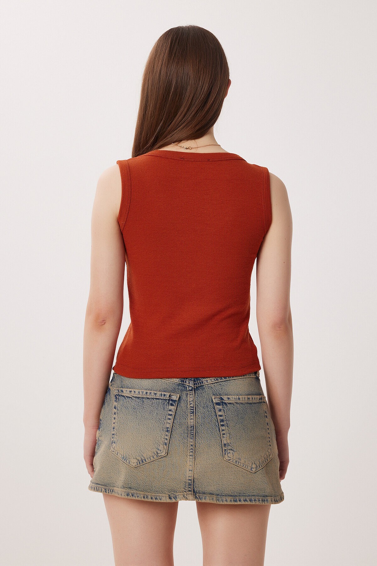 V Yaka Basic Fitilli Örme Bluz KİREMİT LRN0029