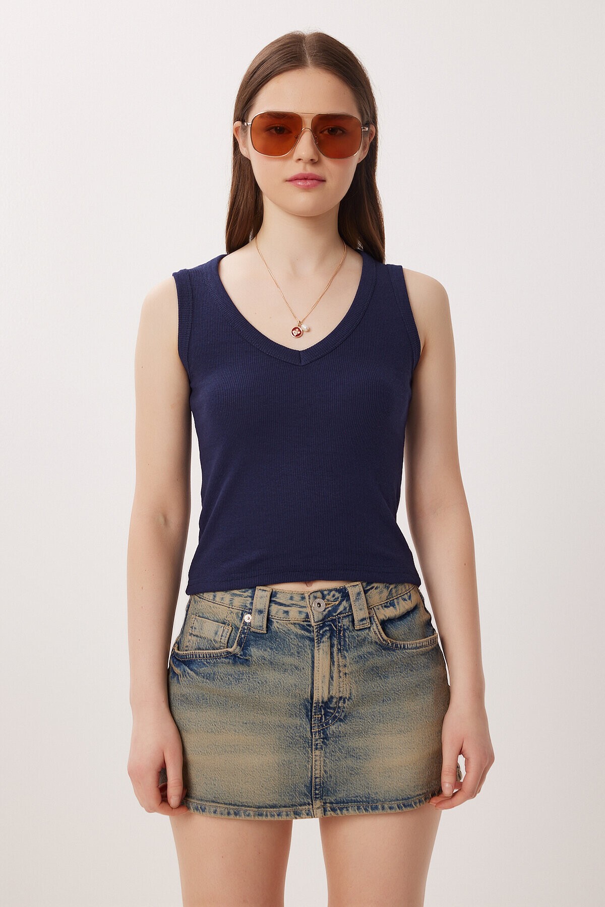 V Yaka Basic Fitilli Örme Bluz LACİVERT LRN0029