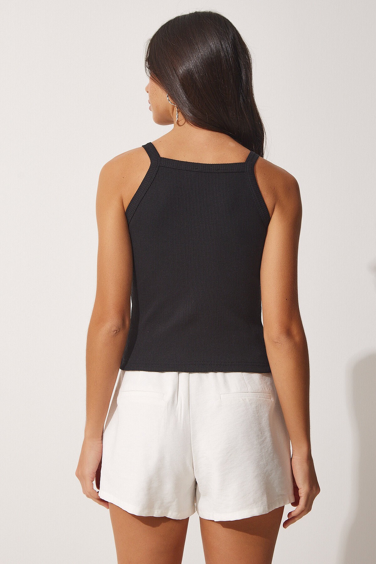 2li Fitilli Crop Halter Yaka Örme Atlet SİYAH BEYAZ LZV0003