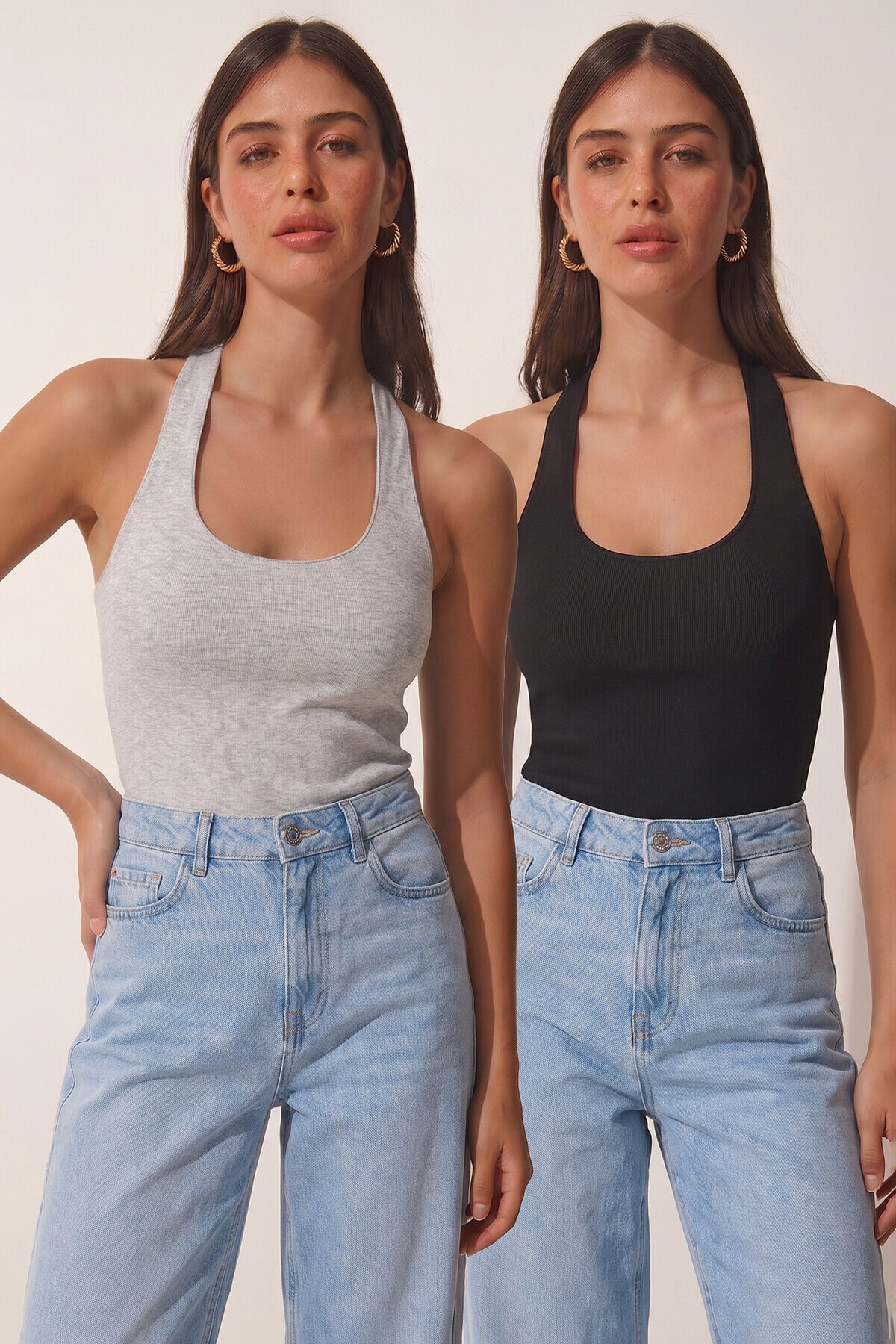 2’li Paket Halter Yaka Basic Örme Bluz SİYAH GRİ MELANJ LDZ0078