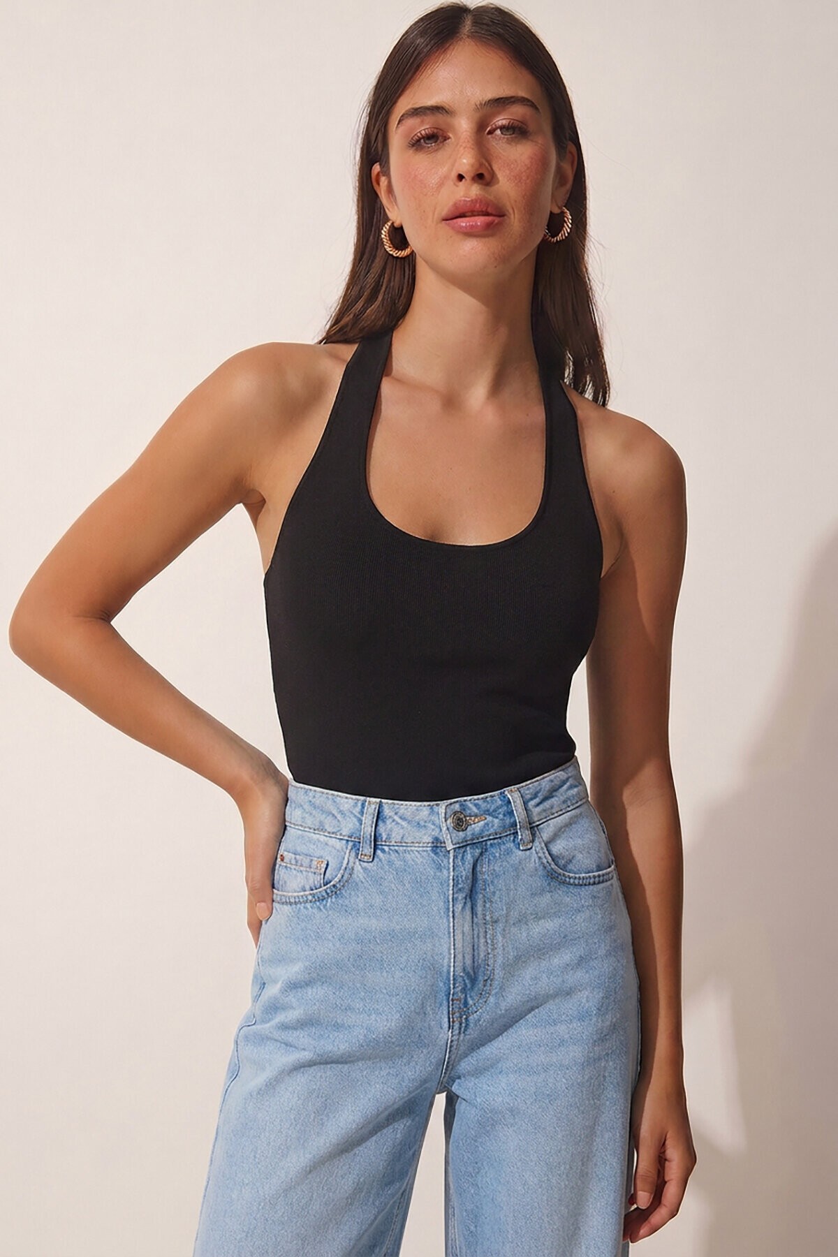 2’li Paket Halter Yaka Basic Örme Bluz SİYAH GRİ MELANJ LDZ0078