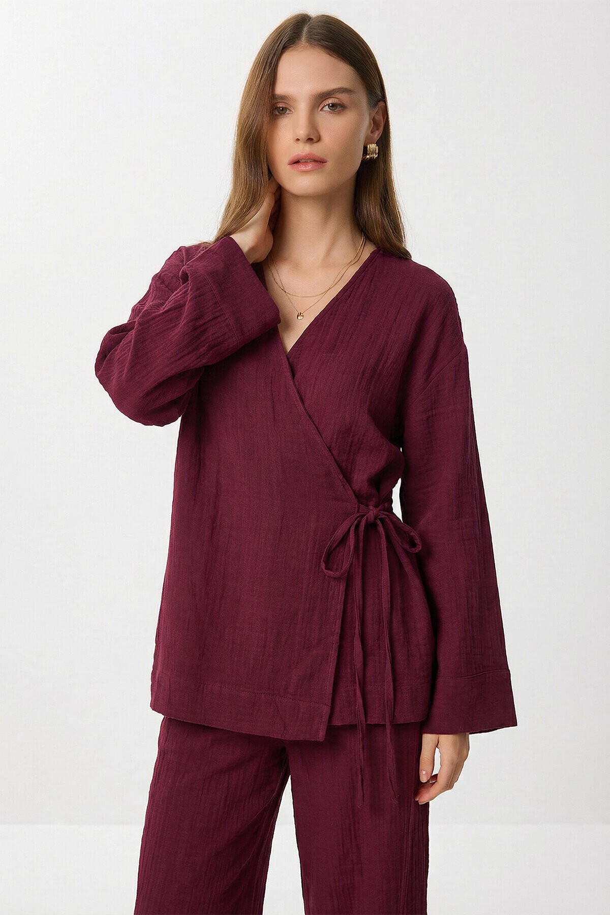 Bağlama Detaylı Müslin Kimono Takım BORDO LZH0020