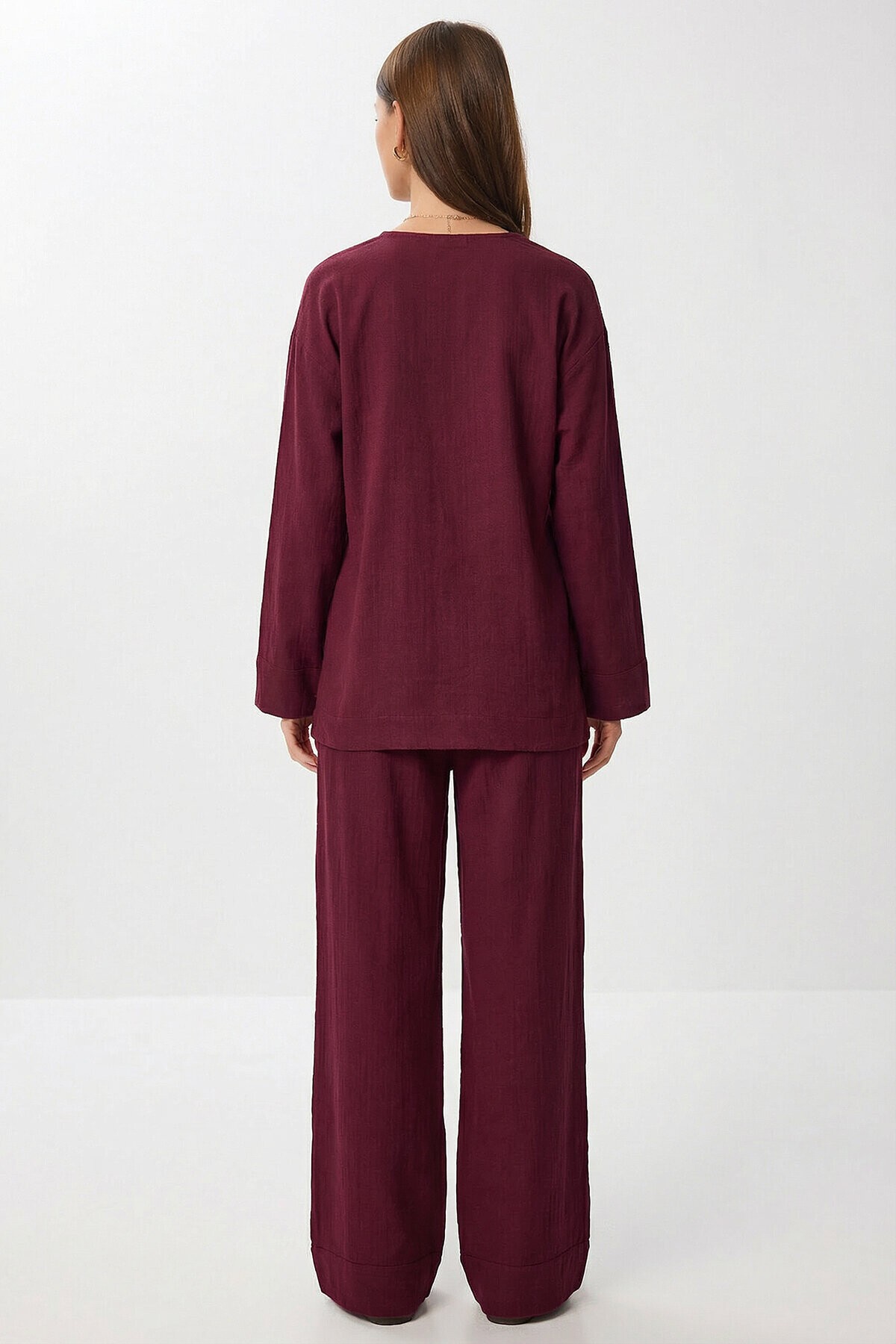 Bağlama Detaylı Müslin Kimono Takım BORDO LZH0020