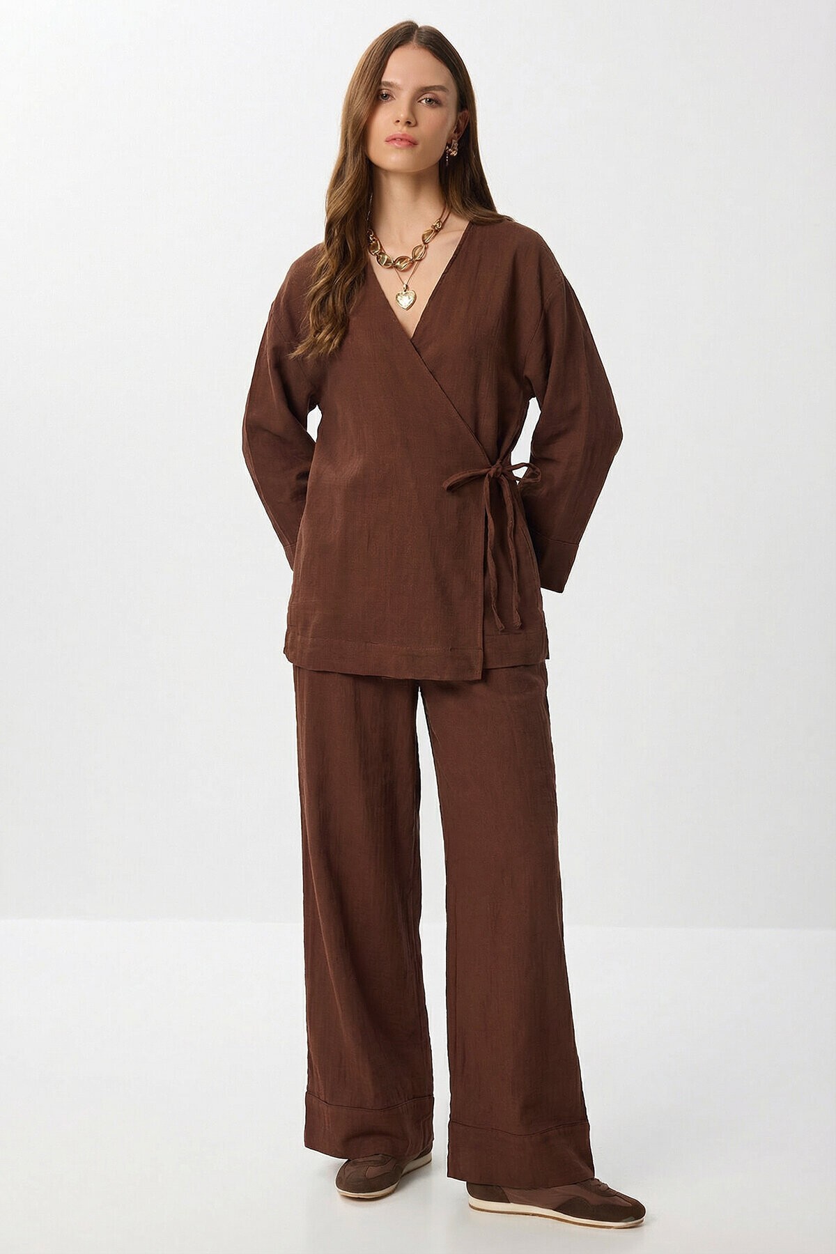 Bağlama Detaylı Müslin Kimono Takım KAHVERENGİ LZH0020