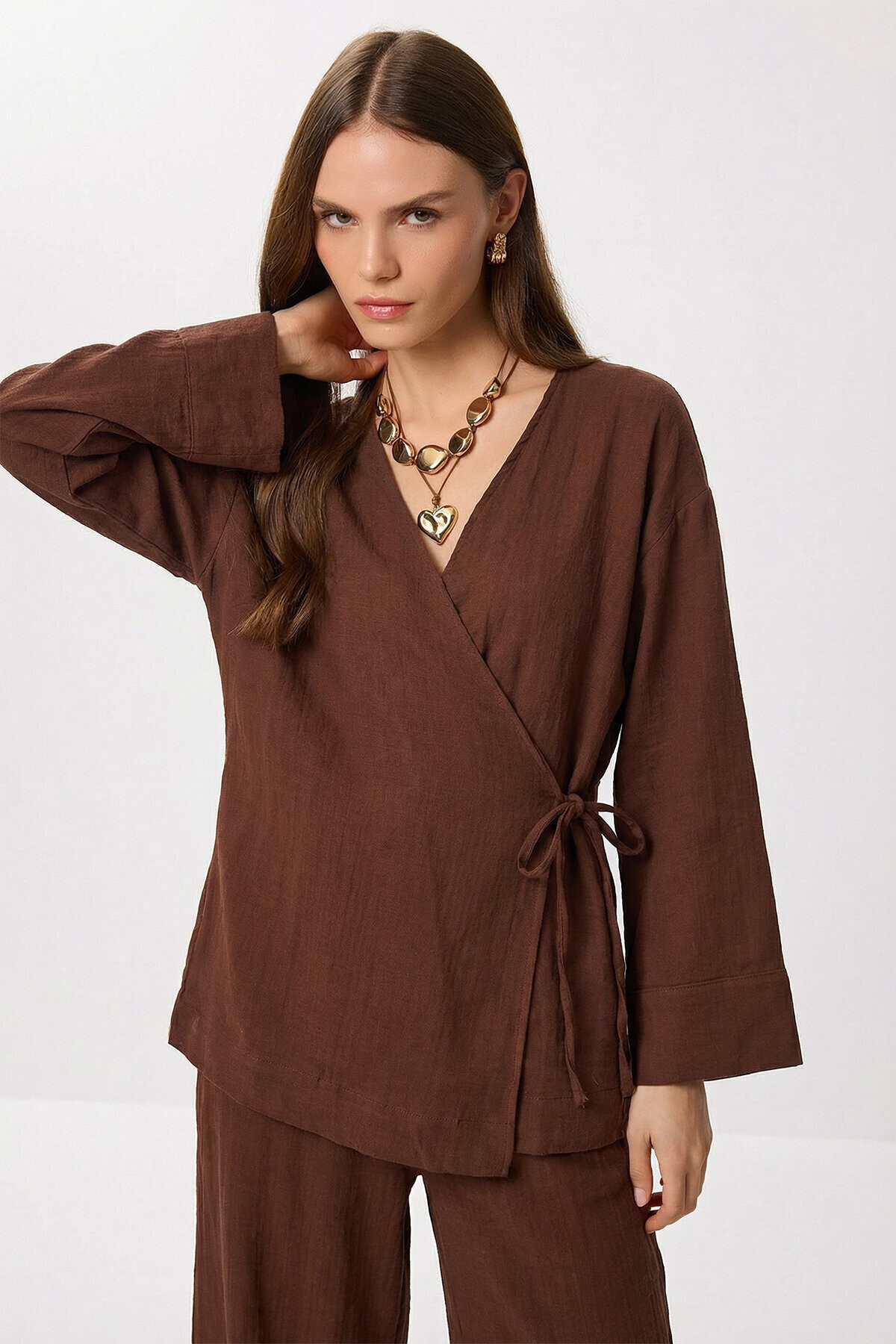 Bağlama Detaylı Müslin Kimono Takım KAHVERENGİ LZH0020
