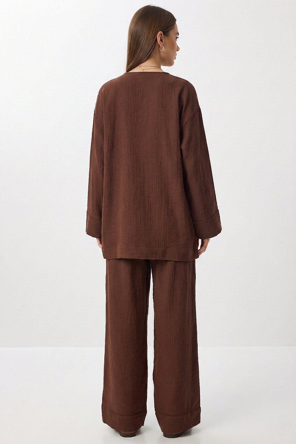 Bağlama Detaylı Müslin Kimono Takım KAHVERENGİ LZH0020
