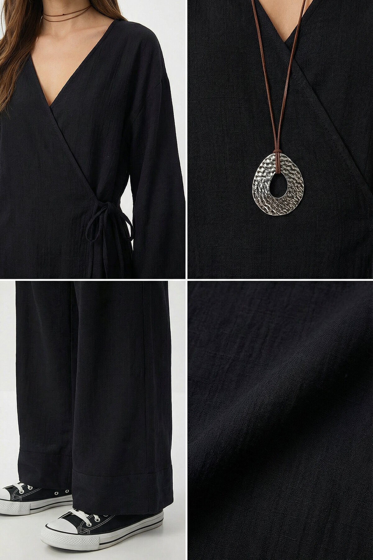 Bağlama Detaylı Müslin Kimono Takım SİYAH LZH0020