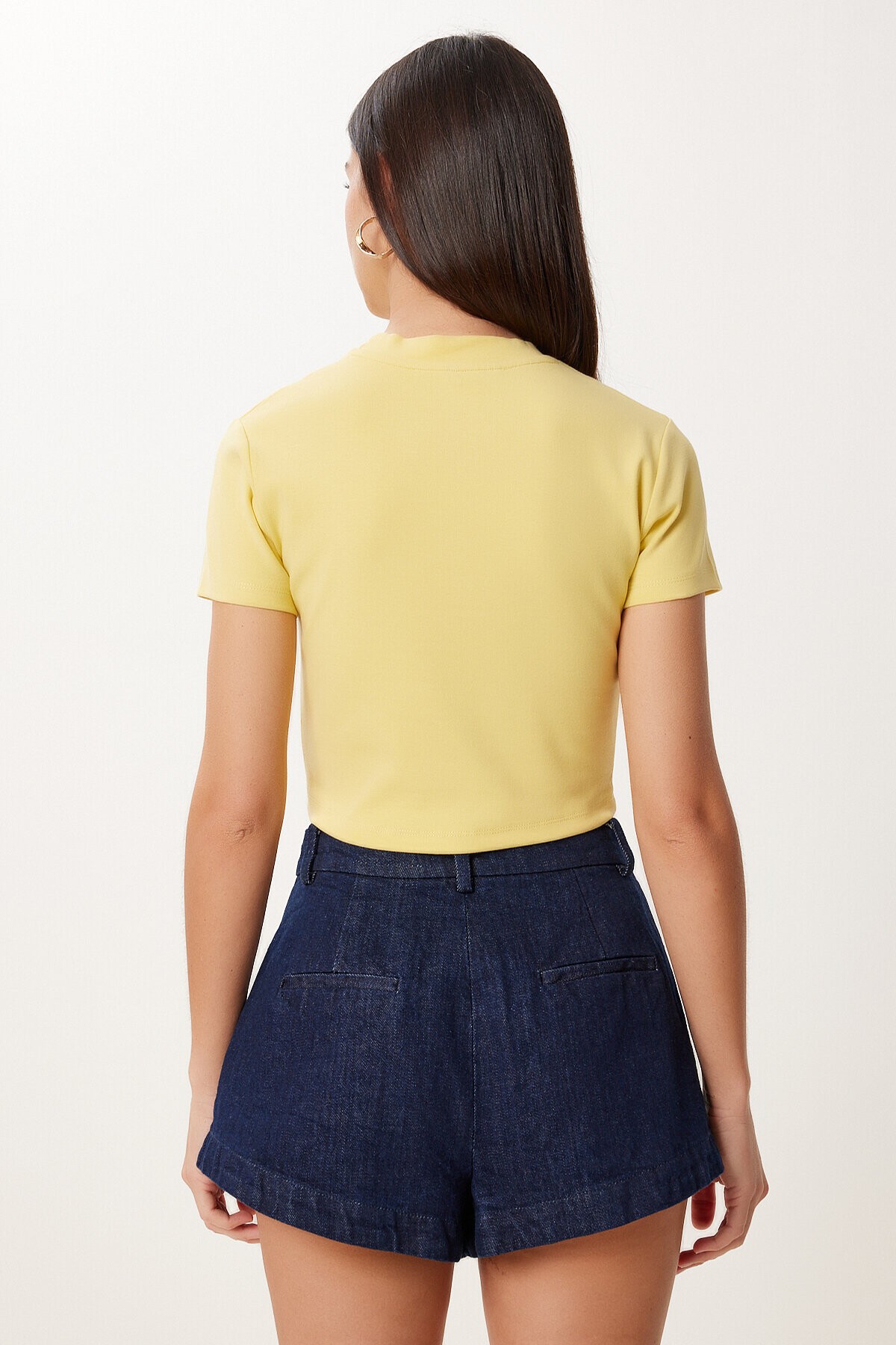 Basic Crop Esnek Örme T-shirt SARI LUS0160