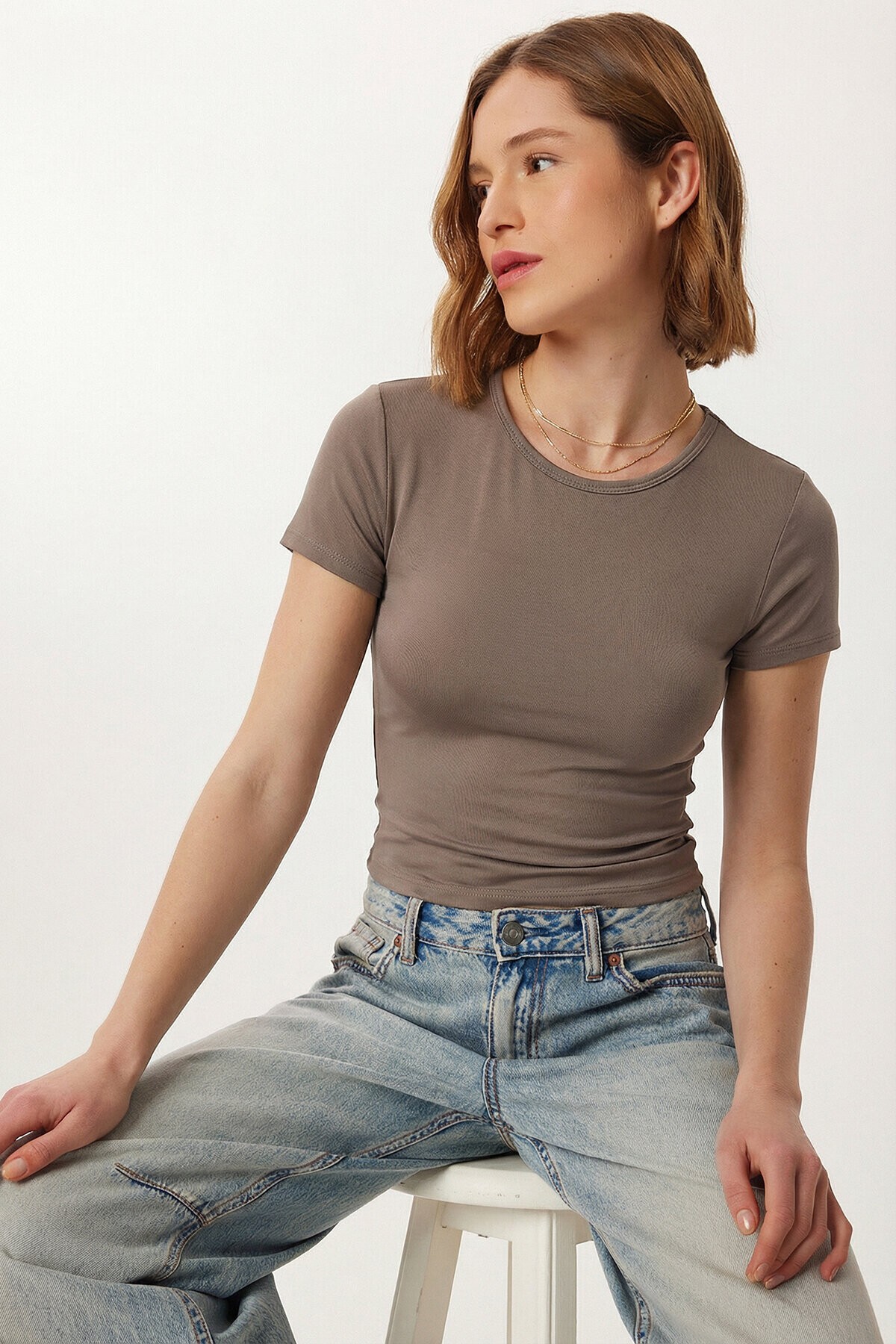Basic Sandy Örme T-shirt VİZON LZE0009