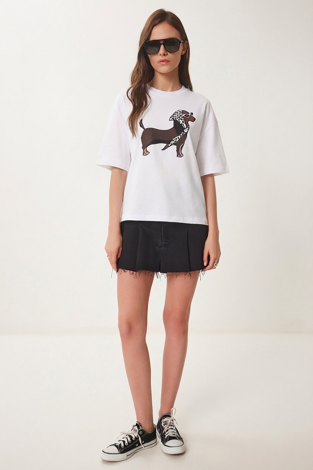 Baskılı Oversize Örme T-shirt BEYAZ LZV0062