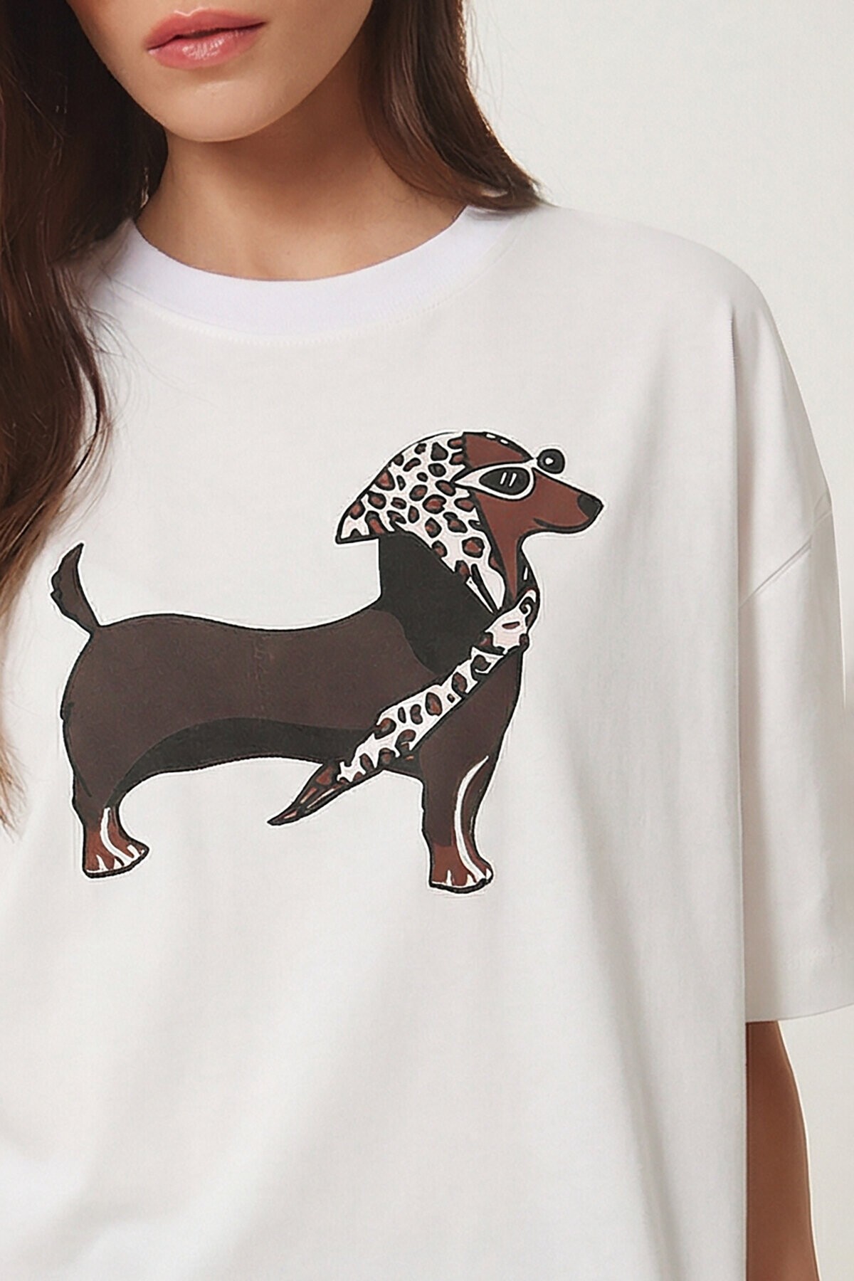 Baskılı Oversize Örme T-shirt BEYAZ LZV0062