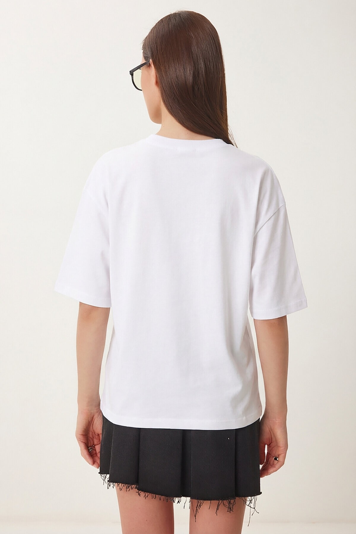 Baskılı Oversize Örme T-shirt BEYAZ LZV0062