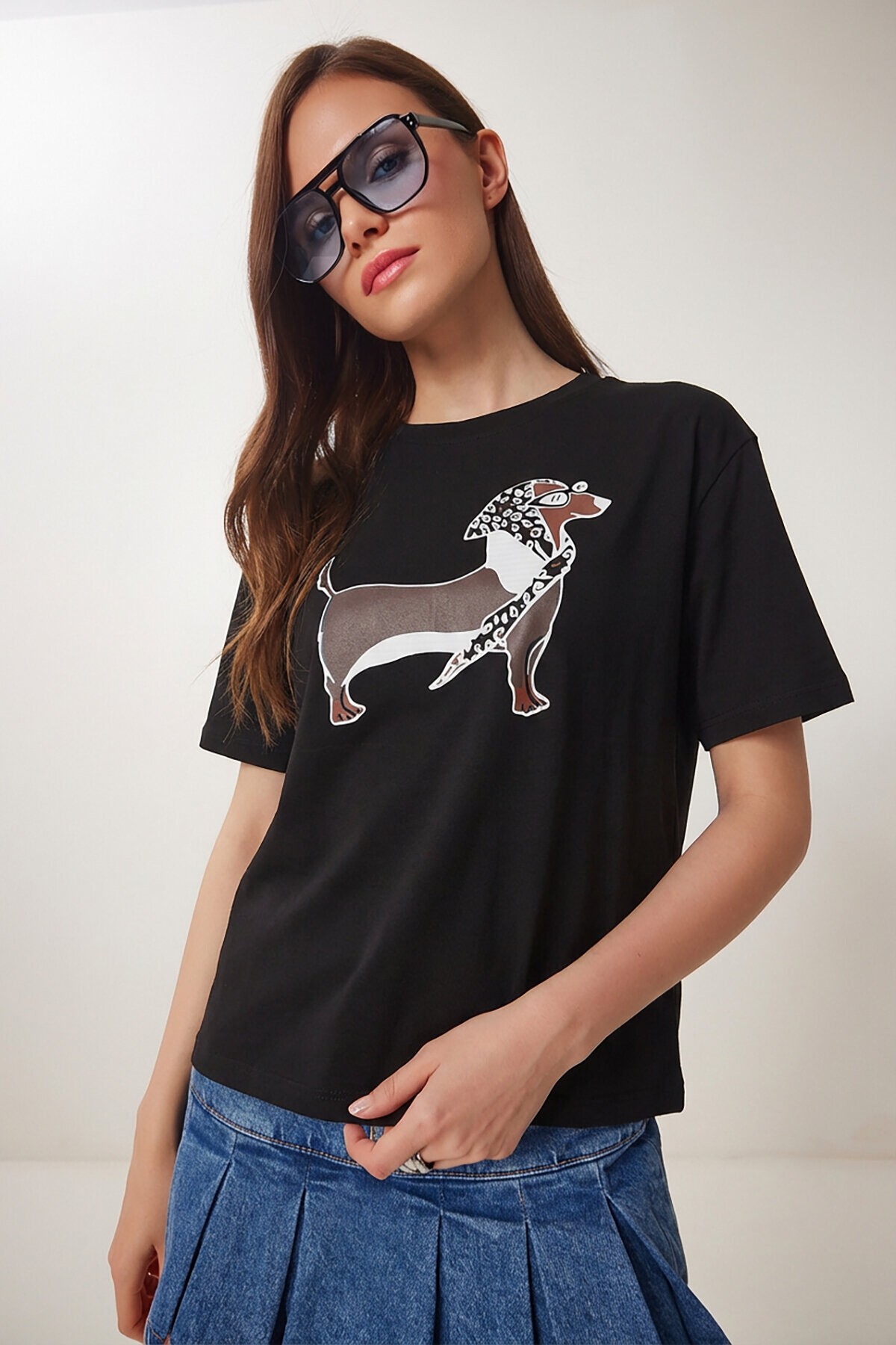 Baskılı Oversize Örme T-shirt SİYAH LZV0062