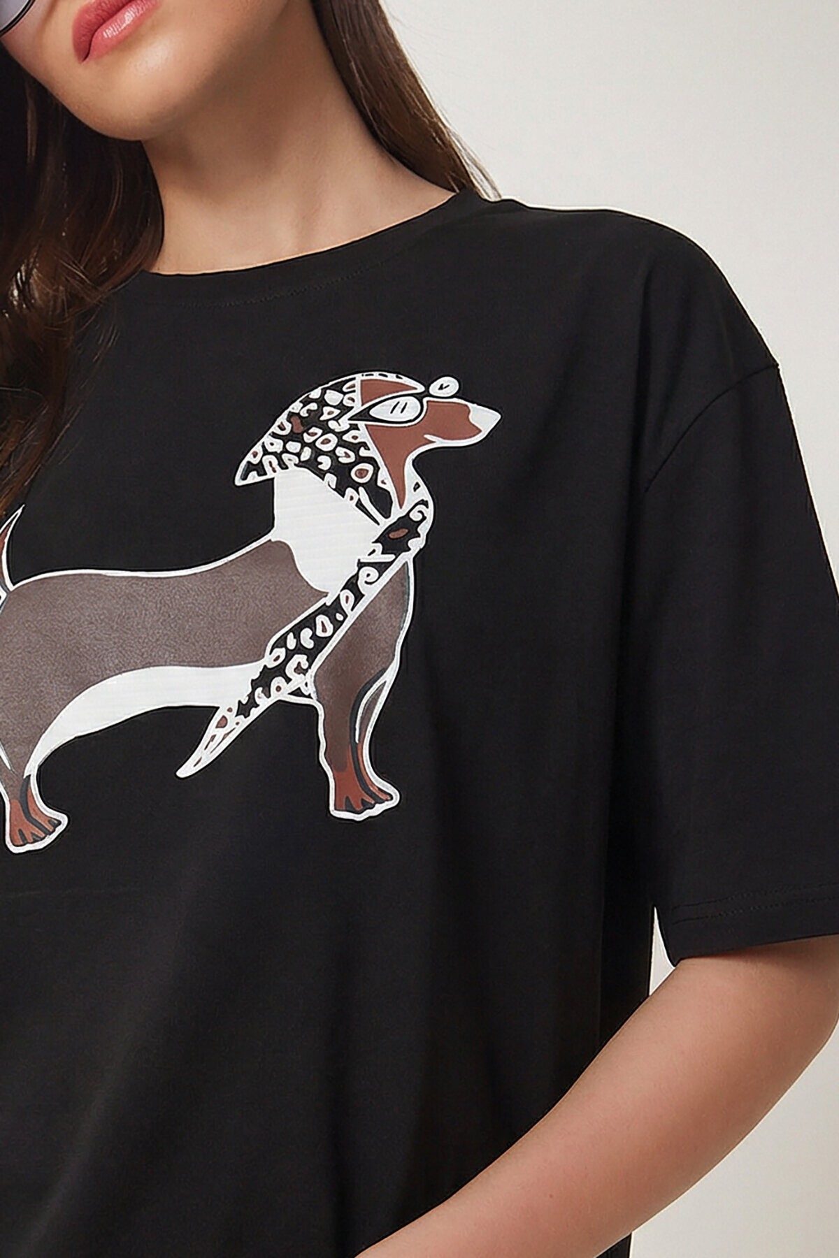 Baskılı Oversize Örme T-shirt SİYAH LZV0062