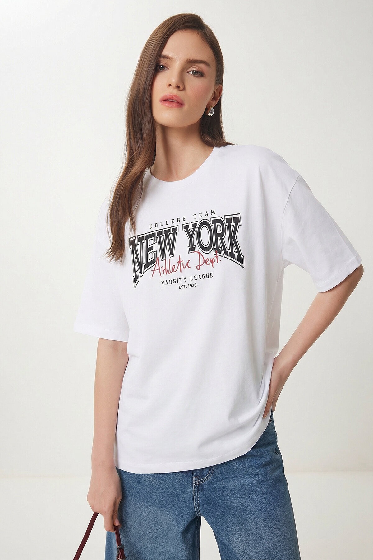 Baskılı Oversize Pamuklu Örme T-shirt BEYAZ LZE0003