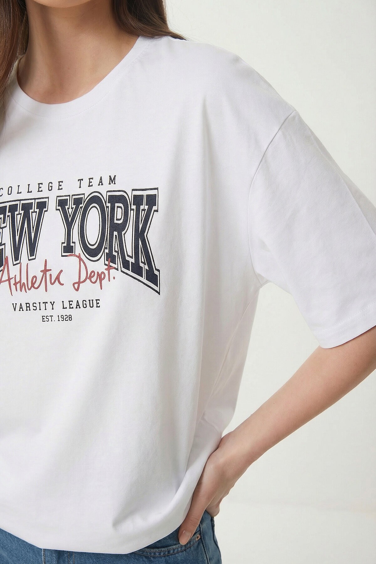 Baskılı Oversize Pamuklu Örme T-shirt BEYAZ LZE0003