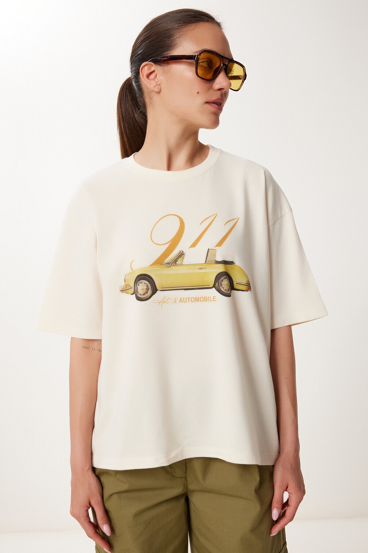 Baskılı Pamuklu Örme T-shirt KREM LUS0149