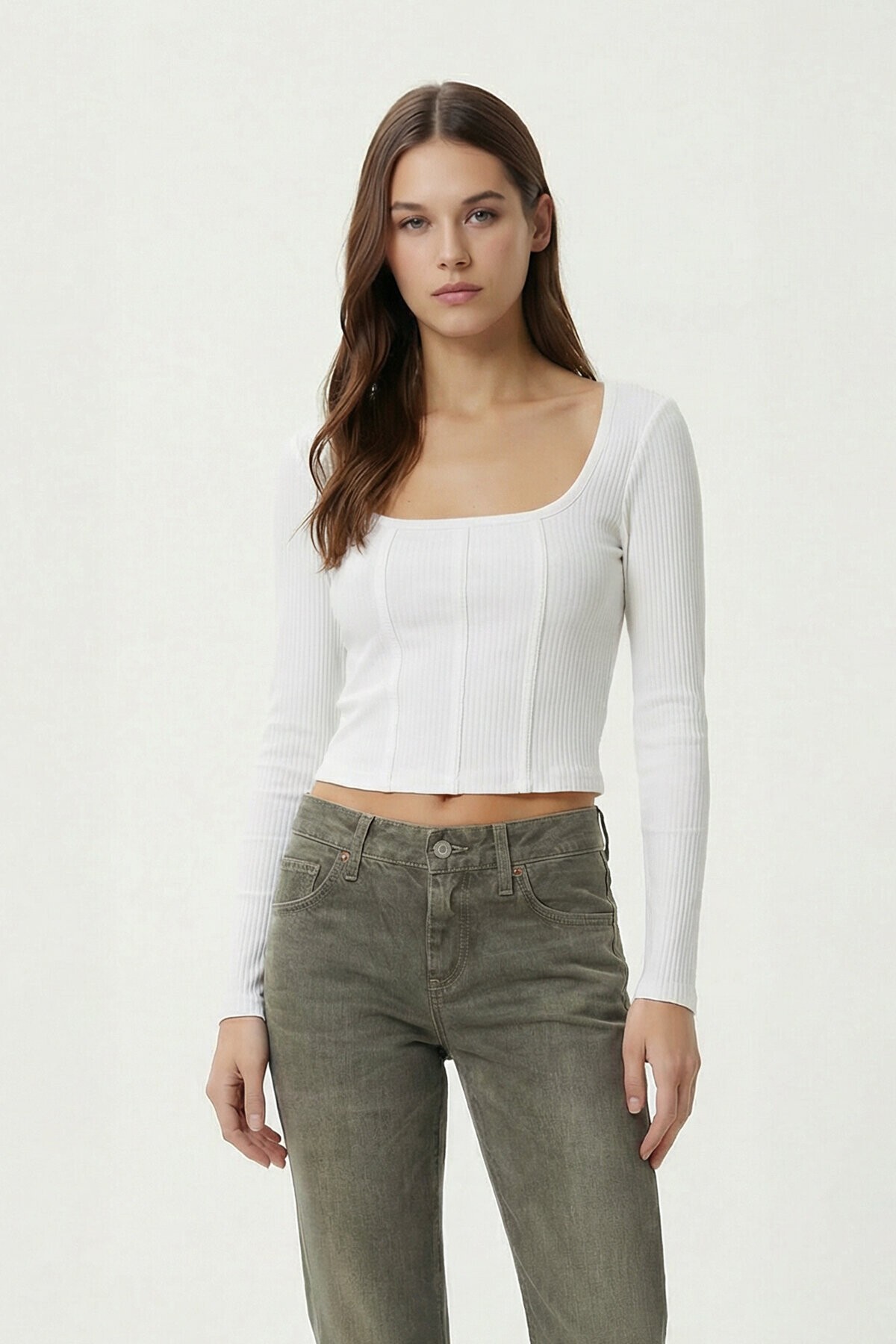 Biye Detaylı Crop Fitilli Örme Bluz EKRU LZE0008