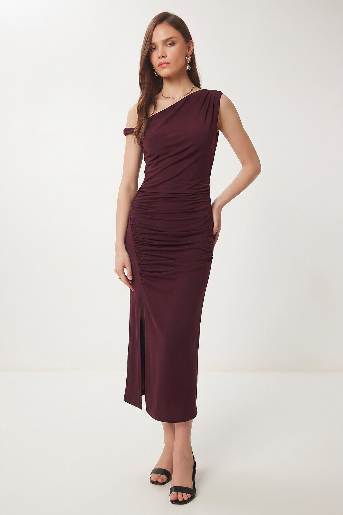 Büzgülü Yazlık Sandy Örme Elbise MÜRDÜM LFW0021