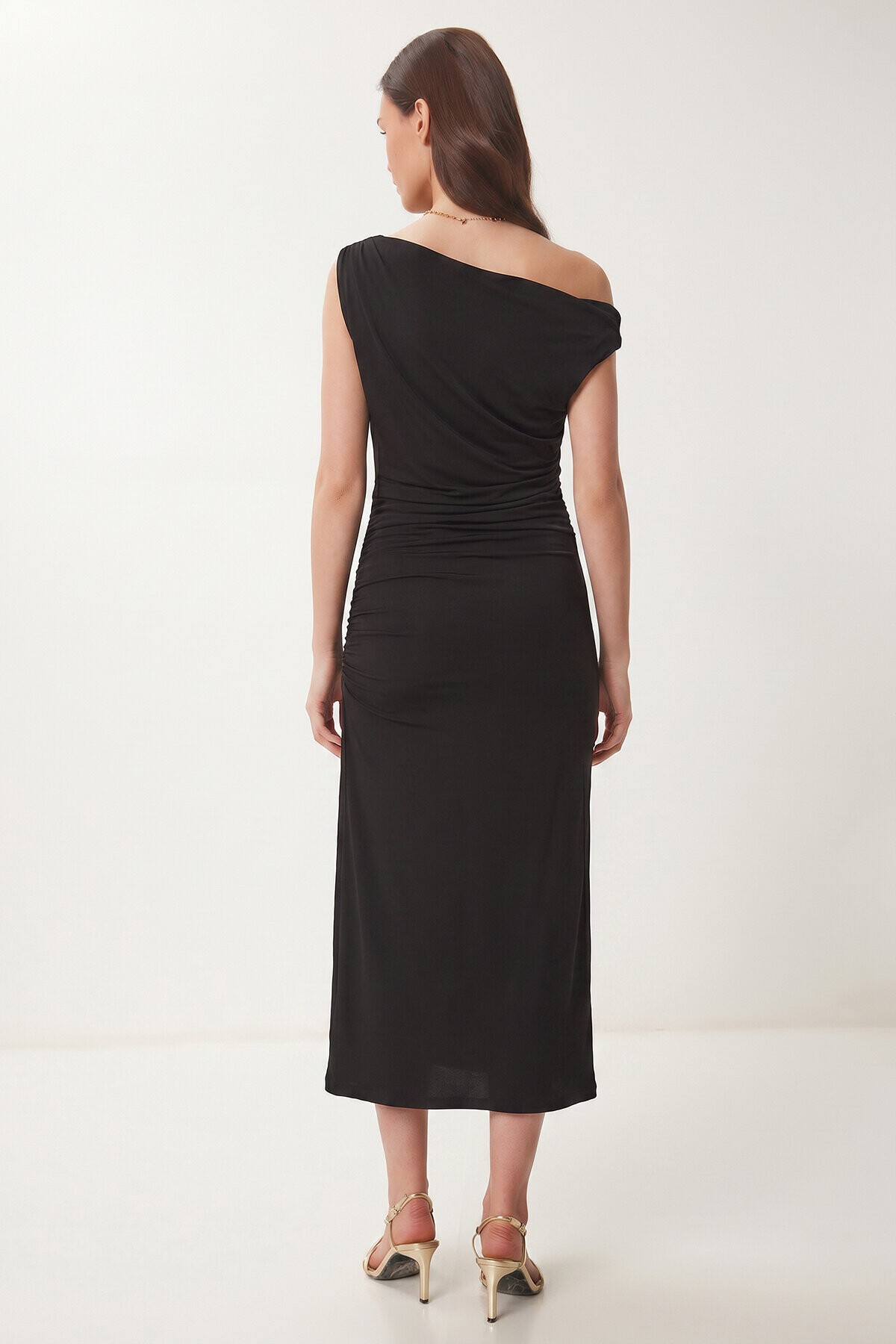 Büzgülü Yazlık Sandy Örme Elbise SİYAH LFW0021