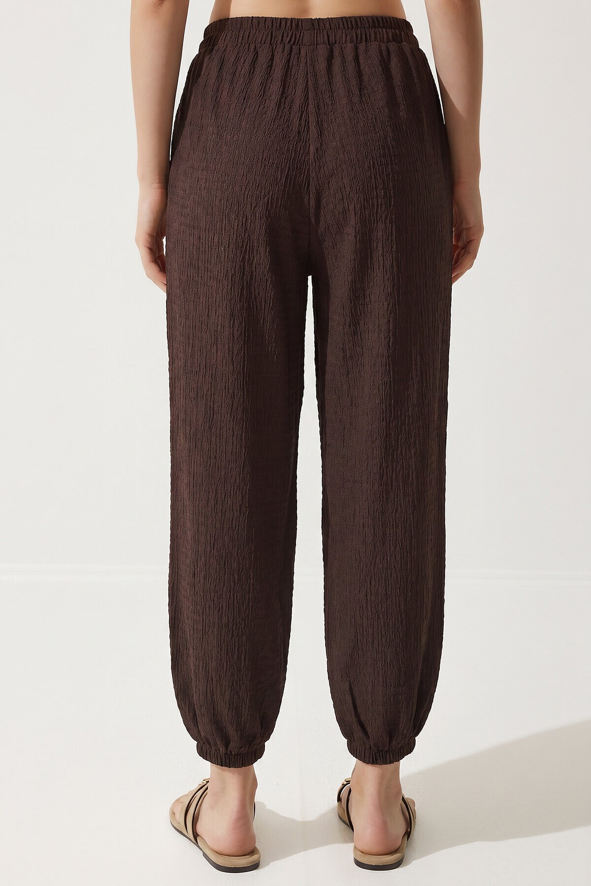 Cepli Rahat Krinkıl Şalvar Pantolon KAHVERENGİ LFW0024