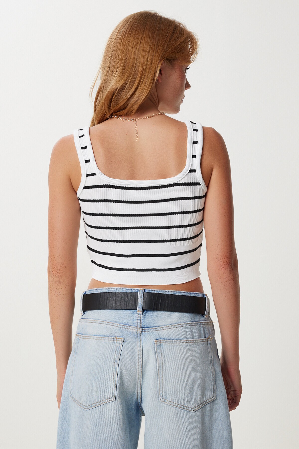 Çizgili Crop Triko Bluz BEYAZ LYY0009