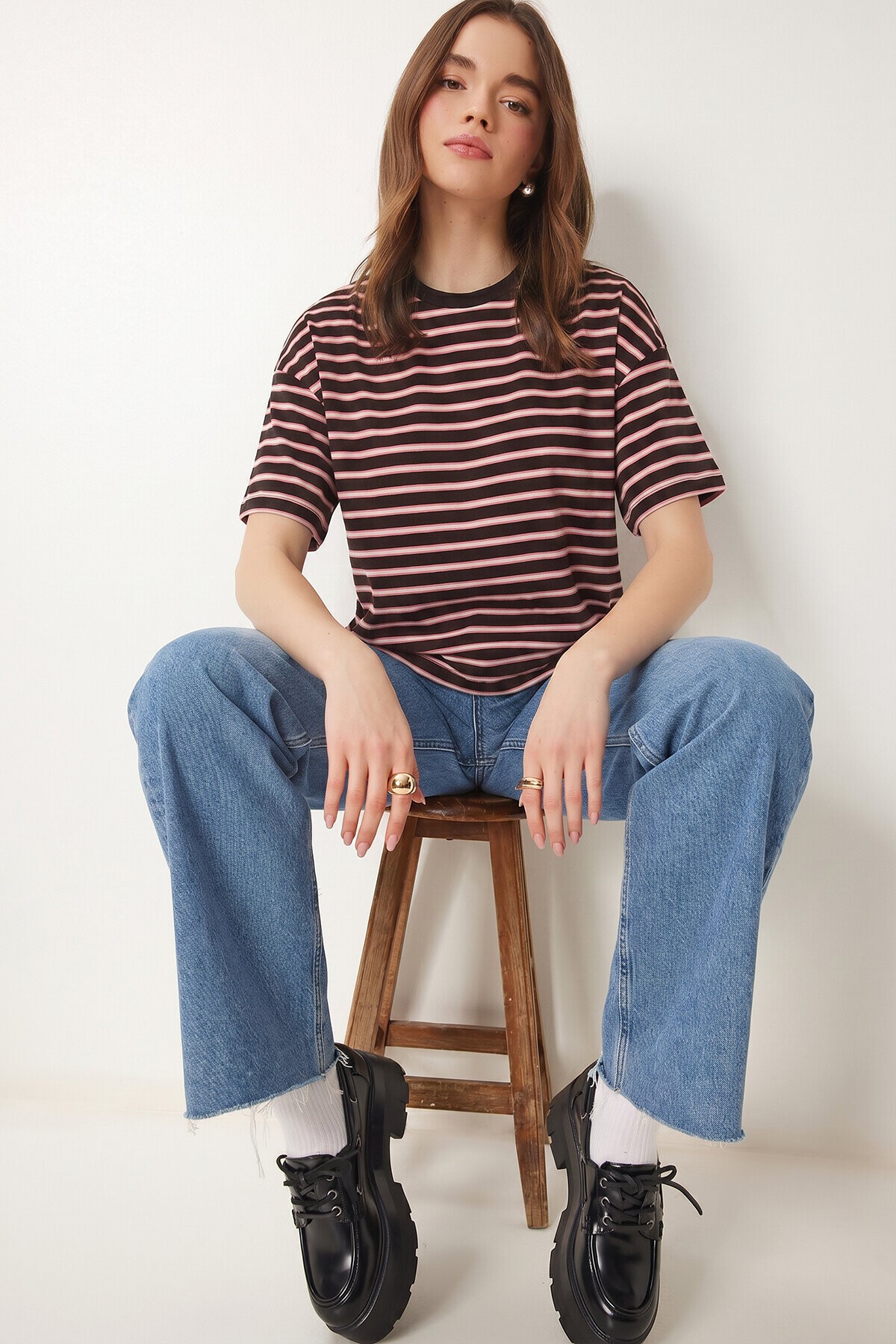 Çizgili Oversize Örme T-shirt KAHVERENGİ LCR0124