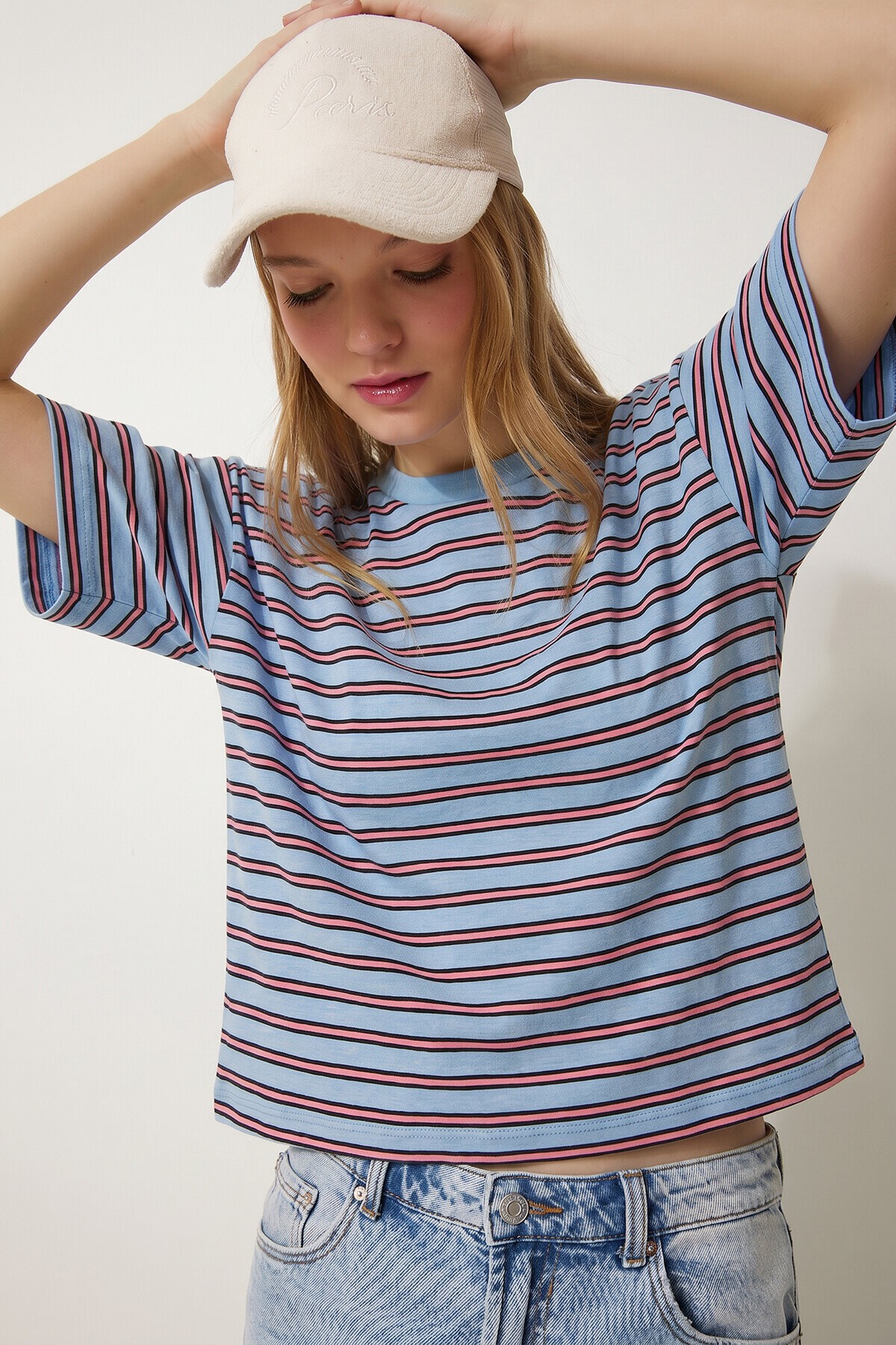 Çizgili Oversize Örme T-shirt MAVİ LCR0124