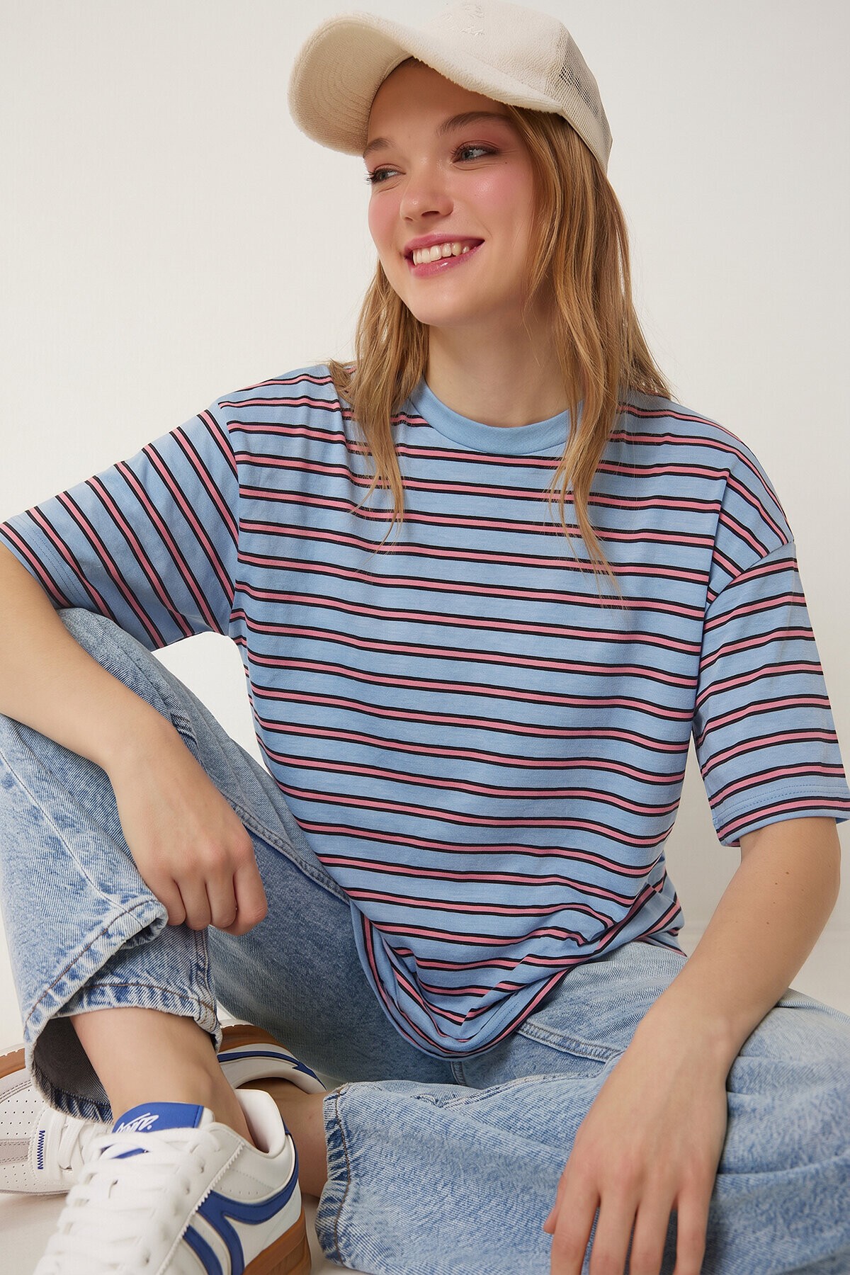 Çizgili Oversize Örme T-shirt MAVİ LCR0124